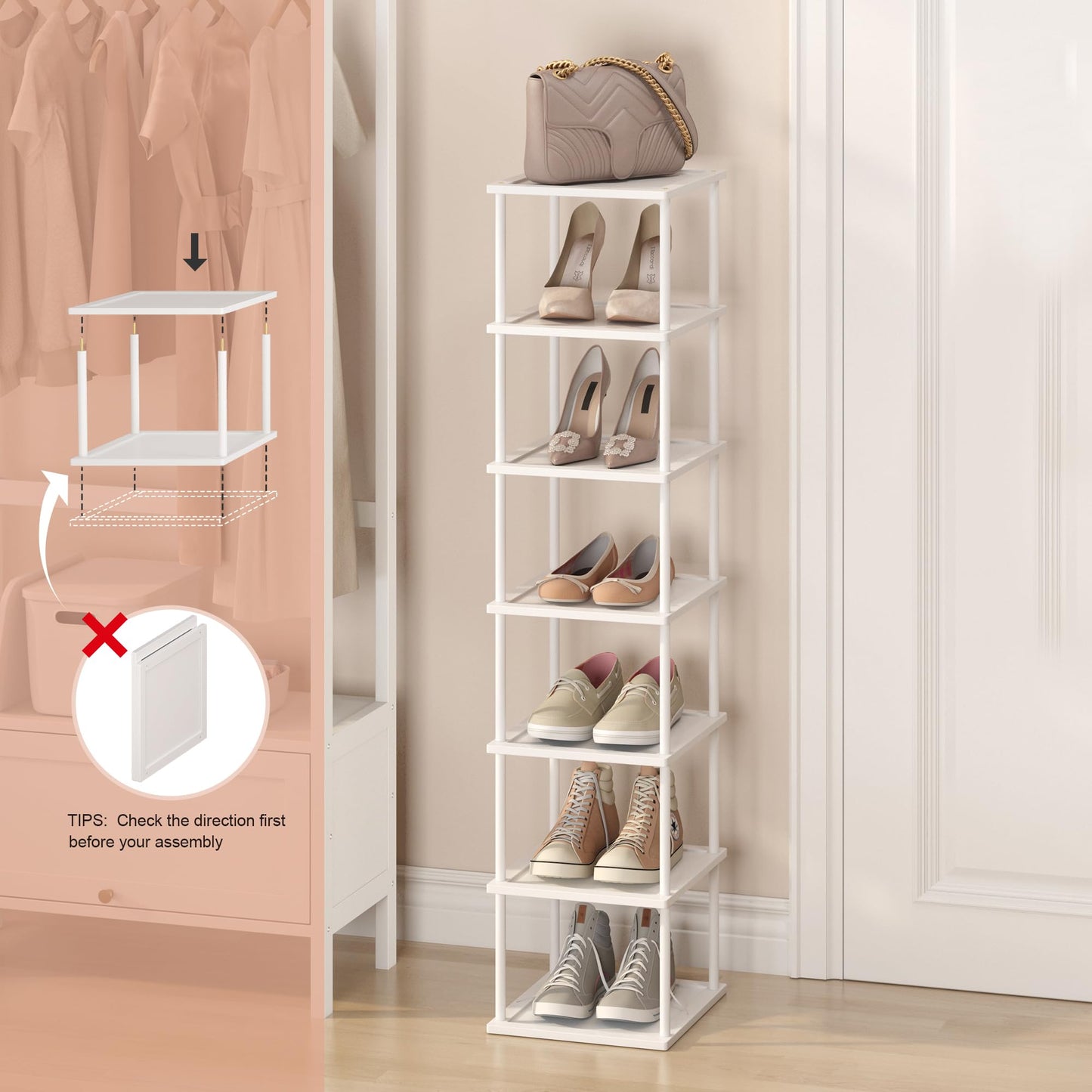 Vertical Tall Shoe Rack Organizer for Entryway -7 Tier Free Standing Slim Narrow Bamboo Wood Corner Stackable Shoe Boots Storage Stand Small Spaces for Closet Garage Cloakroom Living Room (White)