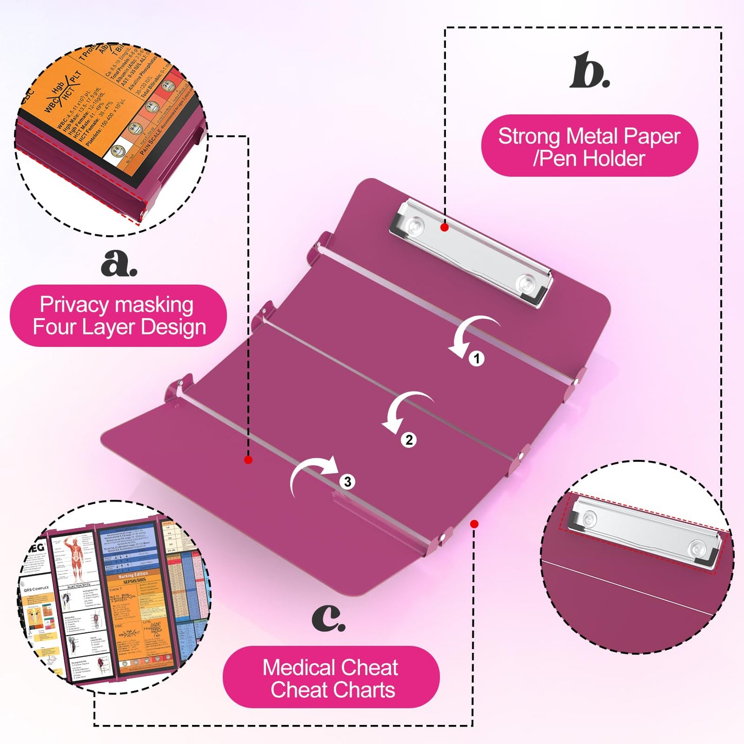 Nursing Clipboard Foldable-4 Layers Aluminum Nurse Foldable Clipboard Nursing Medical Edition Cheat Sheets, Pocket Size Pen Clip for Nurses Students School and Doctors- Wine
