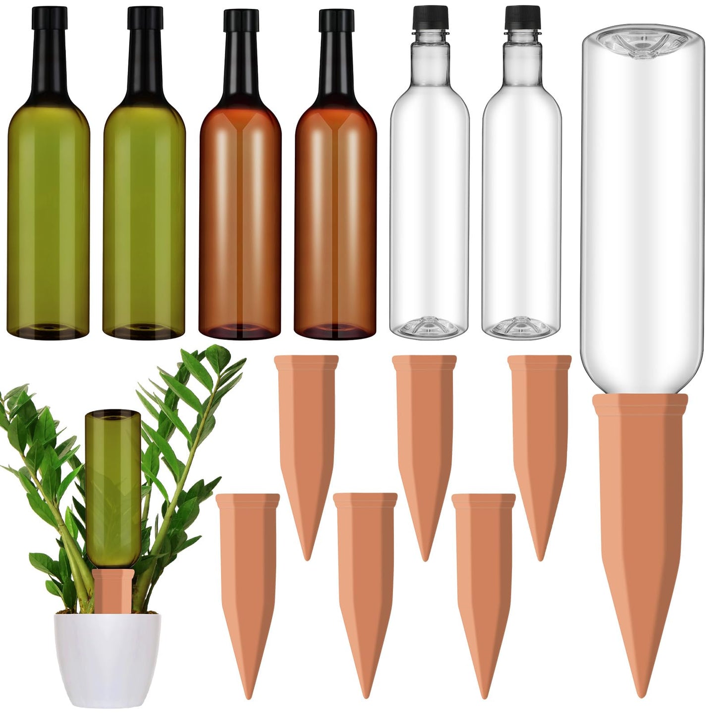 SiliFine 6 Sets Plant Watering Devices Include Terracotta Self Watering Spikes and 26 oz Plastic Bottles, Slow Release Vacation Insert Automatic Plant Waterer Device (Green Clear Brown and Terracotta)
