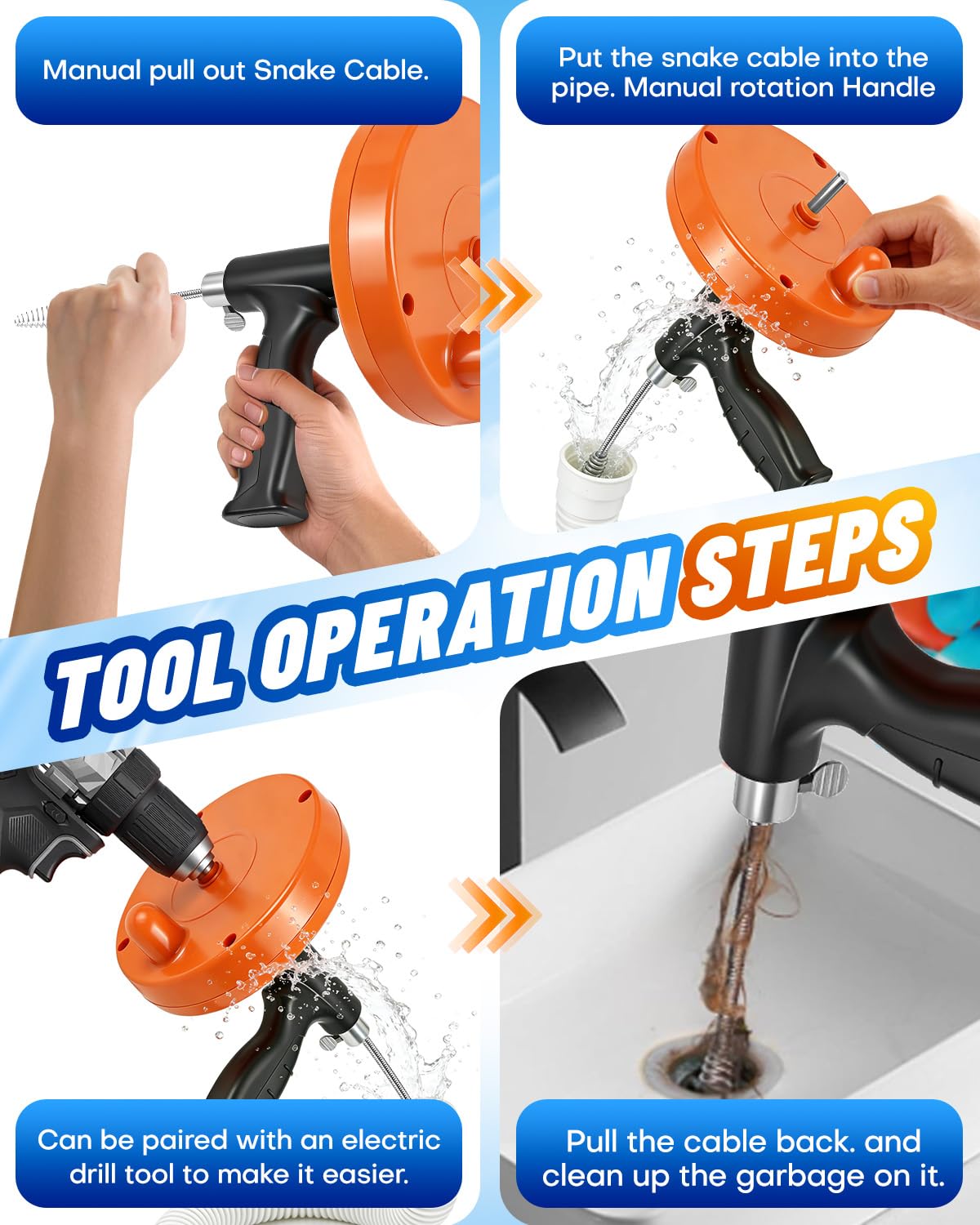 Maraiss Drain Auger, 25FT Drain Snake with Drill Adapter, Flexible Plumbing Snake Clog Removal Tool with Gloves & Cloth Bag, Use Manually or Powered for Kitchen Bathroom Shower Sink