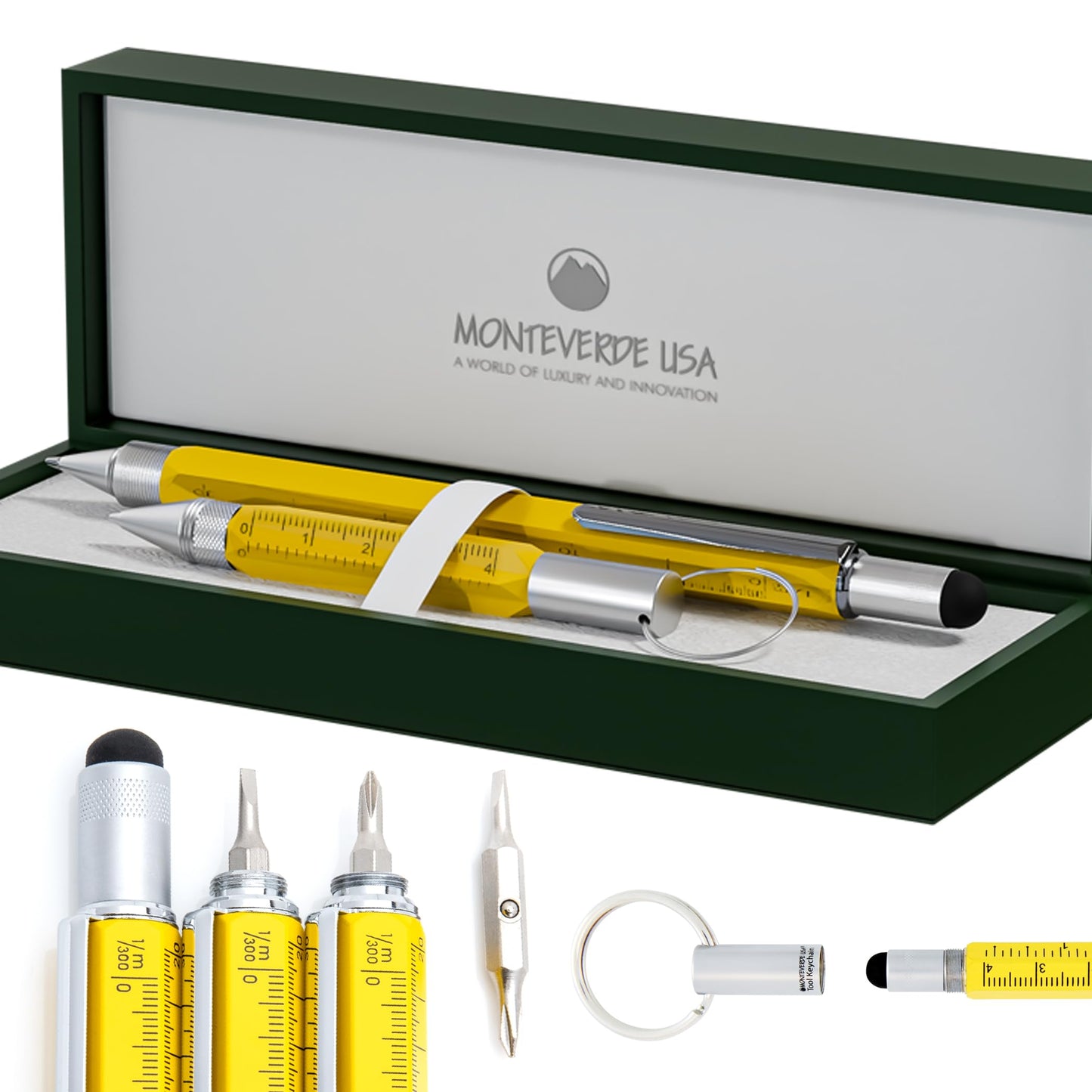 Monteverde One Touch Tool Set Ballpoint Pen with Stylus Yellow + Tool Pen Keychain – 6-in-1 Multifunction Pen Set from Exclusive Collection – Ideal for Engineers (MV35478)