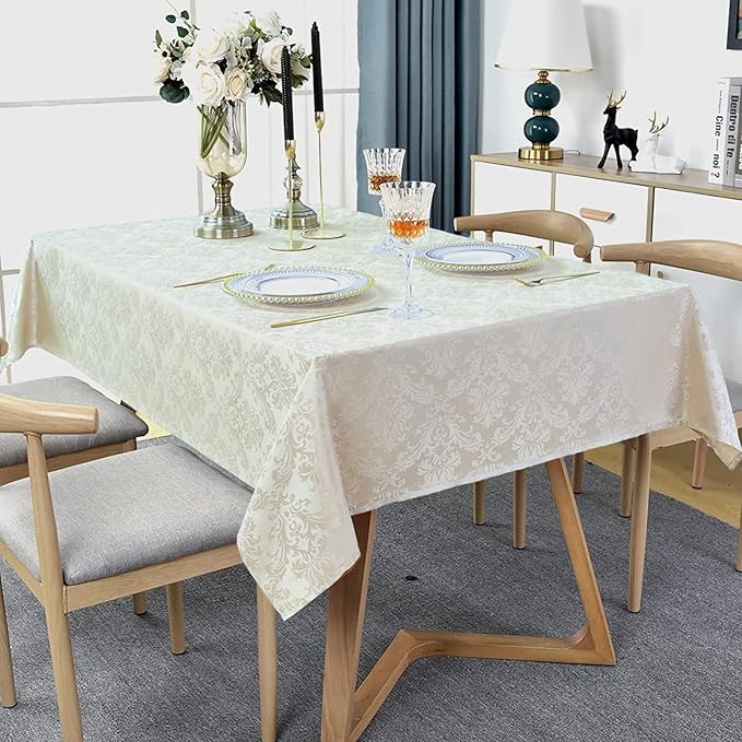 SASTYBALE Rectangle Tablecloth Beige Damask Table Cloth Jacquard Spill Proof Wrinkle Resistant Soft Polyester Oblong Table Cover for Kitchen Parties(60 * 84 Inch)