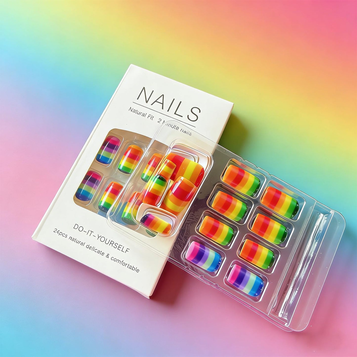 Rainbow Glitter Press on Nails Medium Square Fake Nails with Colorful Stripes Design Summer Glue on Nails Glossy Holiday False Nails Reusable Full Cover Stick on Nails for Women 24Pcs