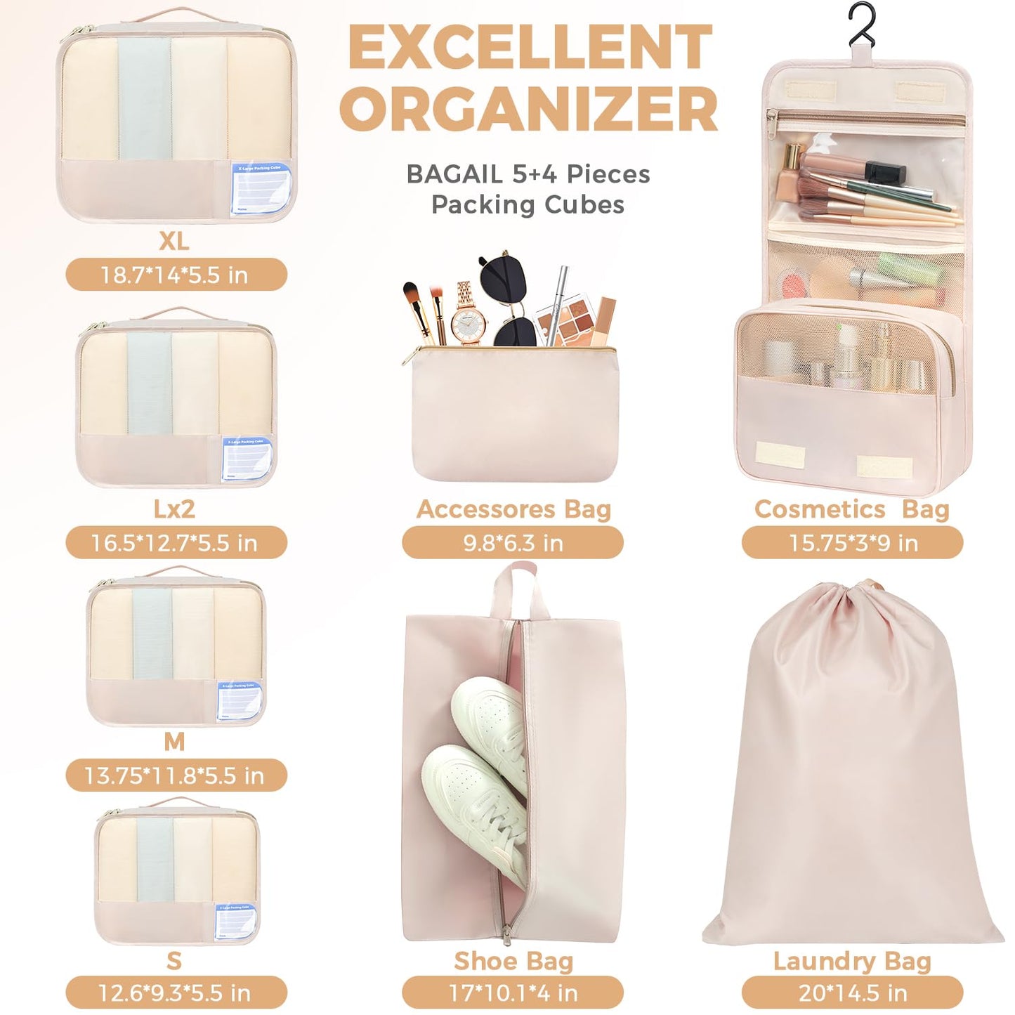 BAGAIL 9 Set Packing Cubes with Packing List Luggage Packing Organizers for Travel Accessories (Cream)