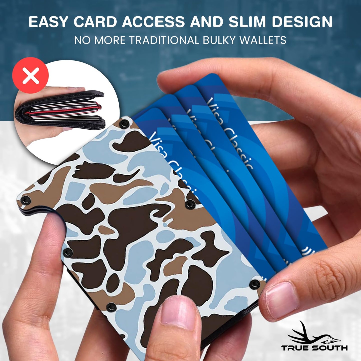 True South RFID Blocking Slim Metal Wallet with Money Clip | Minimalist Alumium Card Holder - Camouflage Front Pocket EDC Wallet for Men, Gift for Him