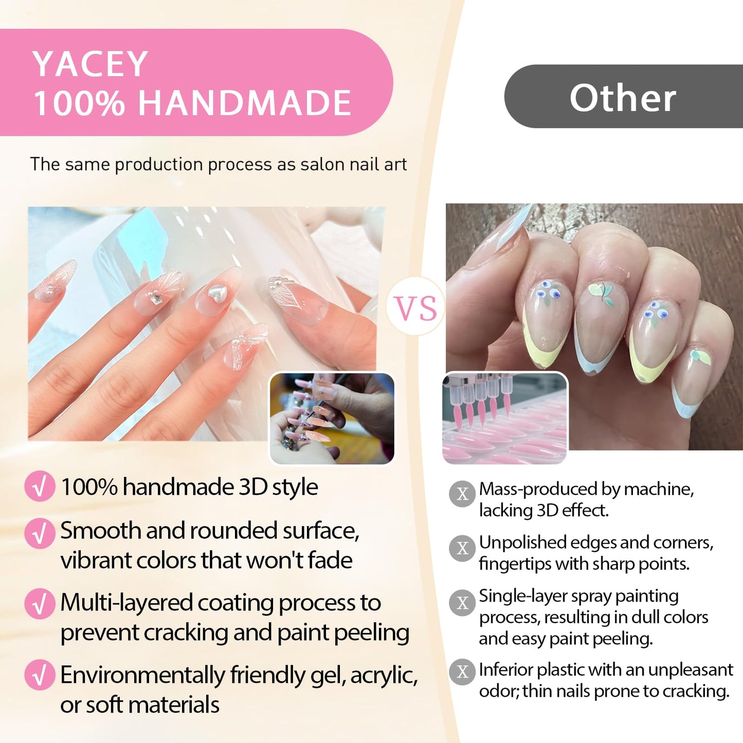 Yacey Handmade Press on Nails Short Almond, Reusable False Nails Press Ons, Shell Texture French Tip Thick Acrylic Fake Nails, 3D Artificial Bling Glossy Glue on Nails for Women Girls (10 Pcs, M)