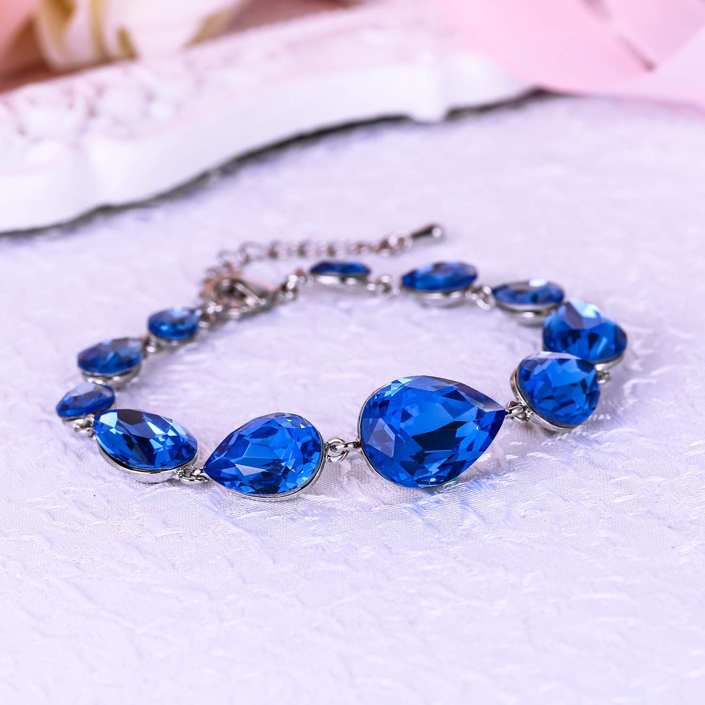 BriLove Wedding Bridal Bracelet for Women Shiny Bling Crystal Multi Teardrop for Party Prom Royal Blue Sapphire Color Silver-Tone