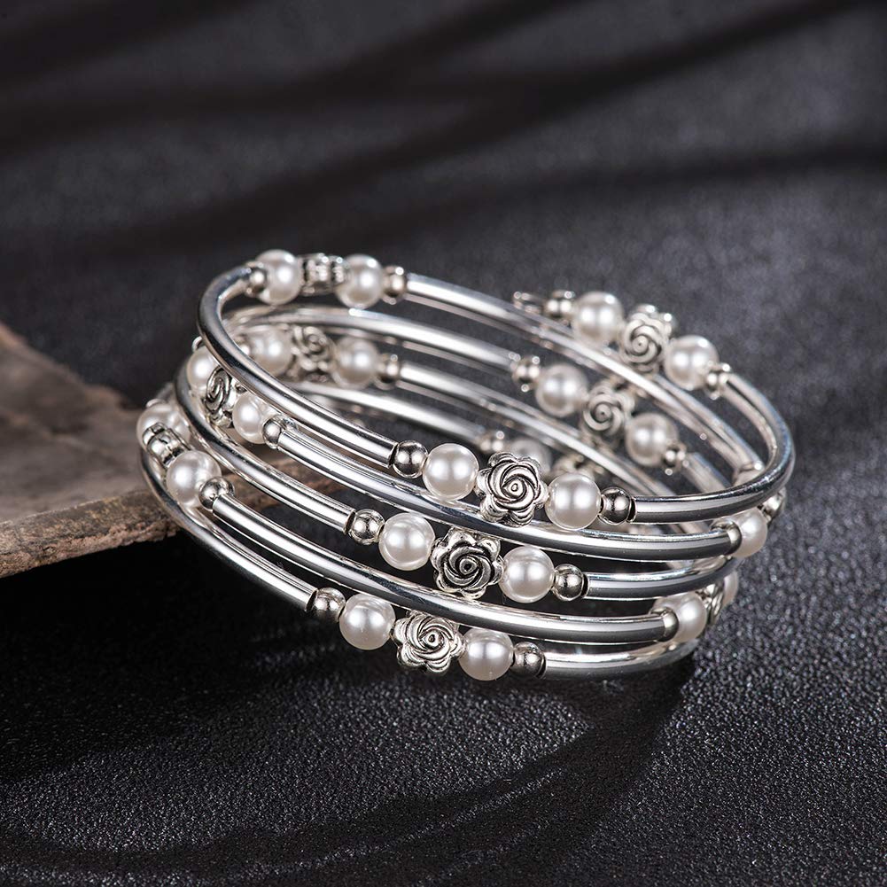 BULINLIN Wrap Bangle Rose Bead Bracelet - Beaded Bracelet with Natural Agate Stone Gifts For Women(01-White pearl)