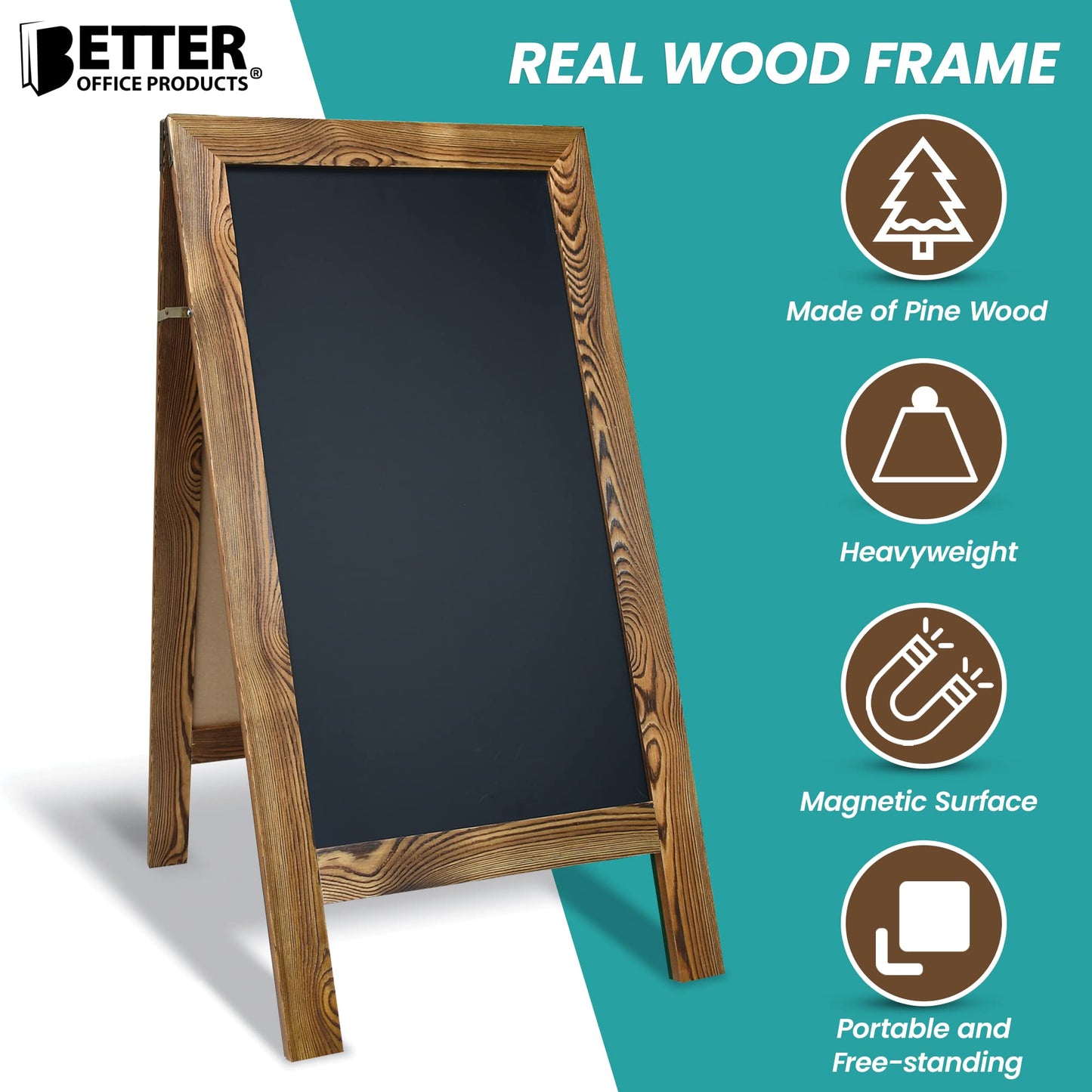 Better Office Products Magnetic A-Frame Chalkboard Sign, Extra Large 20" x 40", Standing Chalkboard Easel, Deluxe Set with Multiple Accessories, Outdoor Sidewalk Sandwich Board Sign,(Rustic Brown)