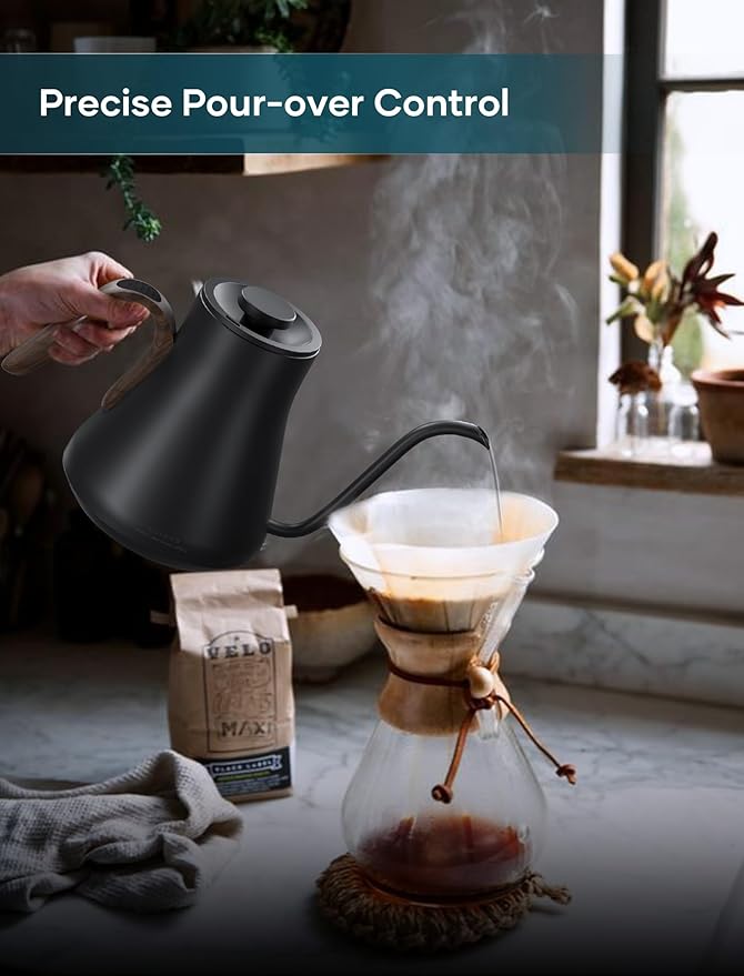 Gooseneck Electric Kettle with ±1℉ Temperature Control for Pour Over Coffee & Tea, Quick Heating, BPA-Free Stainless Steel, Built-in Brew Timer, 1500W/0.9L (Rainforest)