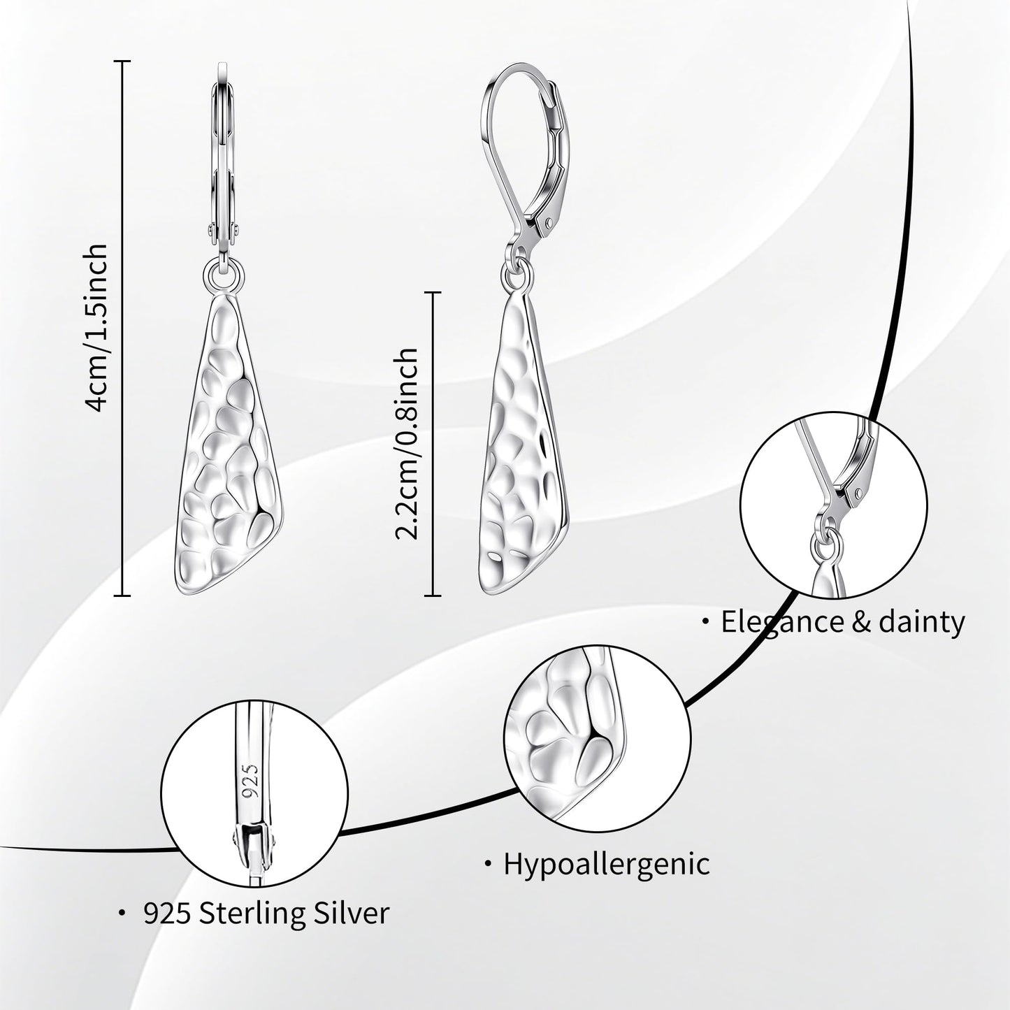 925 Sterling Silver Dangle Earrings for Women Leverback Hammered Earrings Hypoallergenic Silver Dangle Drop Earring for Gifts