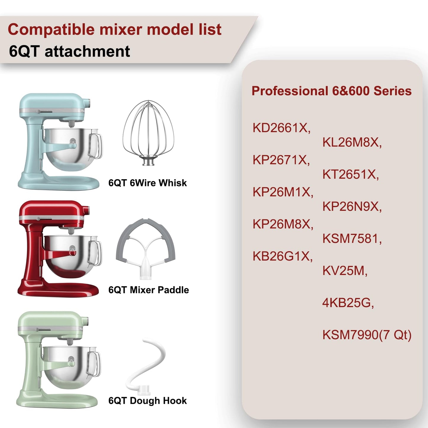 Flex Edge Beater 3Pcs for KitchenAid Mixer Attachments and Accessories Compatible with 6 Quart Lifting Stand Mixers (KN256 6-Wire Whip, 6QT Flat Beater Paddle, 6QT Dough Hook Attachment)