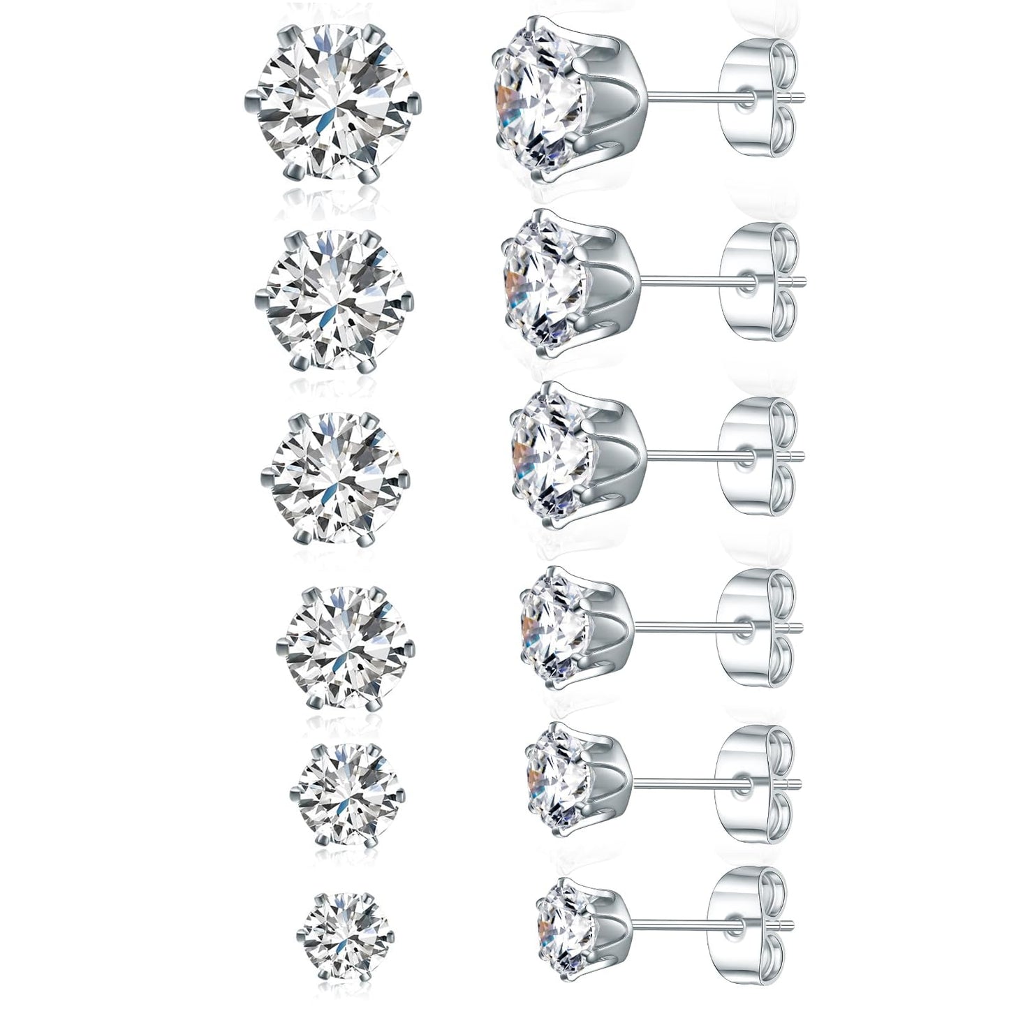 Gemsme 6 Pairs Cubic Zirconia Stud Earrings for Women/Men - 3-8mm Round Cut 6 Prong Settings 18K Gold Plated Hypoallergenic Earrings Set -White Gold
