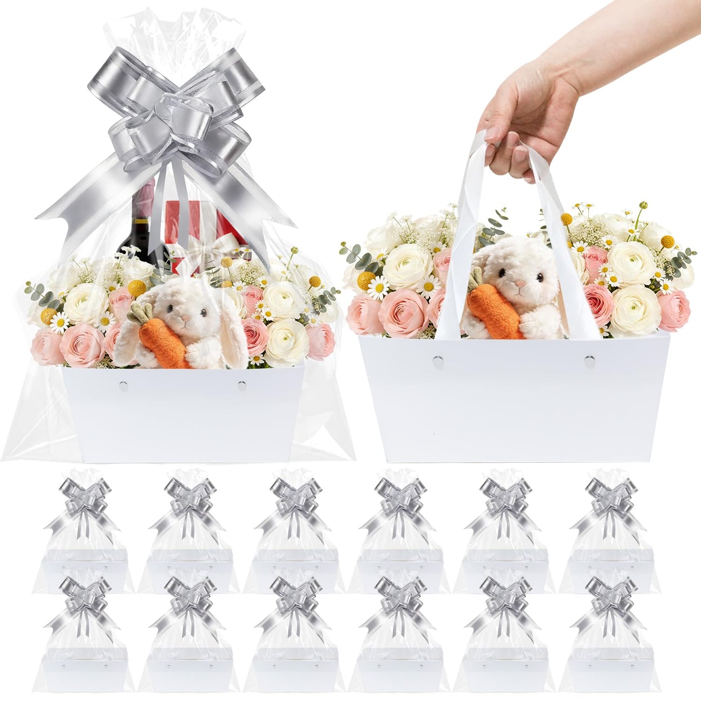 Surgifuly 12 Pack Baskets for Gifts Empty Bulk Kraft Empty Gift Basket Kit, Gift Bags With Handles DIY Kit for Packages Wrapping Wedding Party (White)