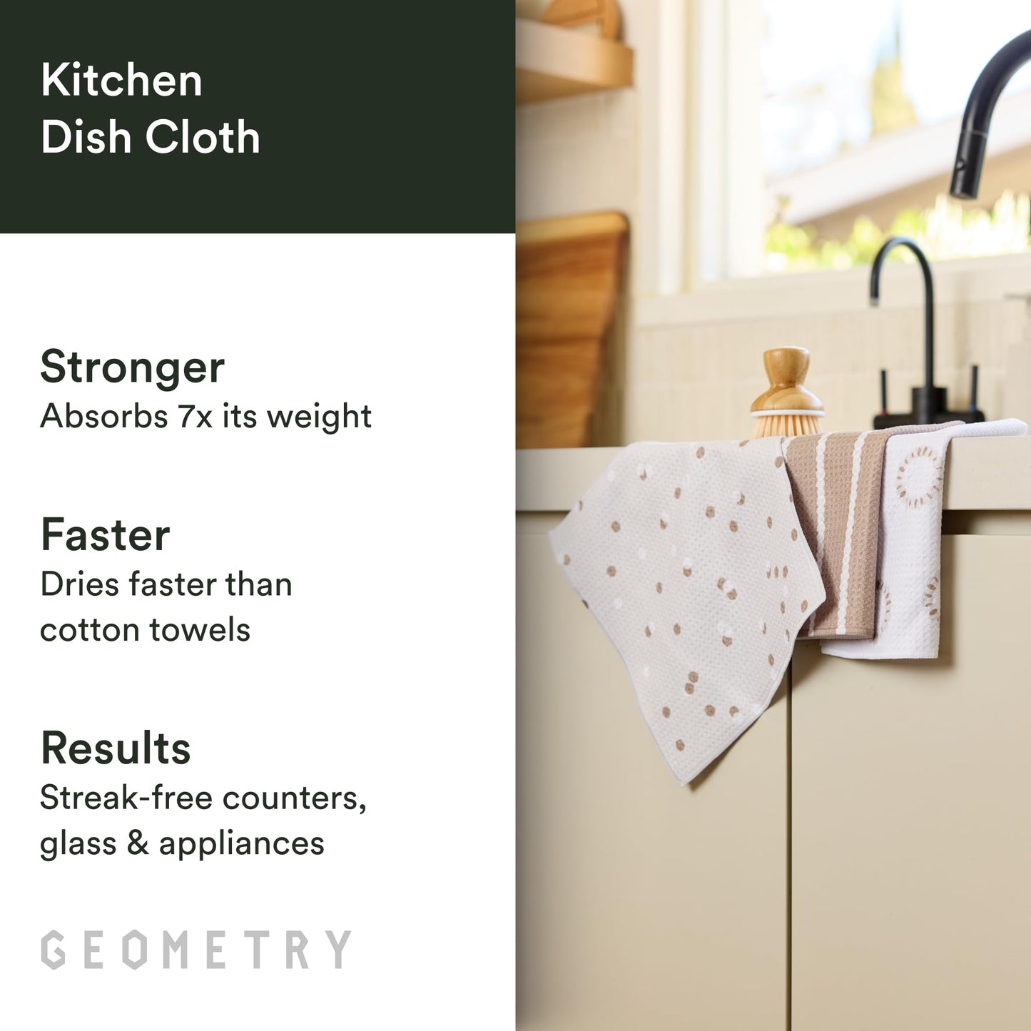 GEOMETRY Dishcloth – Evergreen Collection – Quick-Dry, Ultra-Absorbent, Reusable Microfiber Kitchen Towels for Drying & Cleaning - Pebble Play - 3 Pack