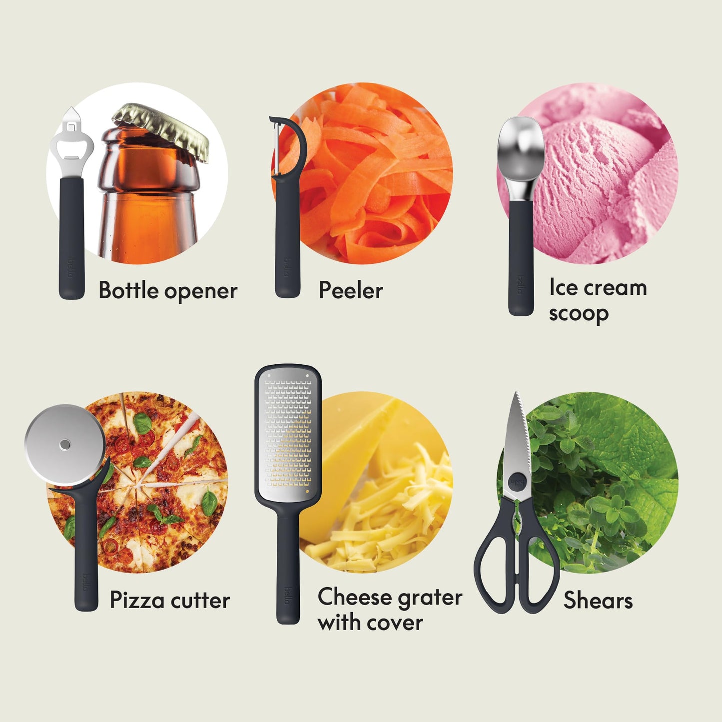 bella 7-Piece Modular Gadget Set, Grater, Pizza Cutter, Ice Cream Scoop, Peeler, Shears, Bottle Opener, Crock with removable divider, Dishwasher Safe, Slate