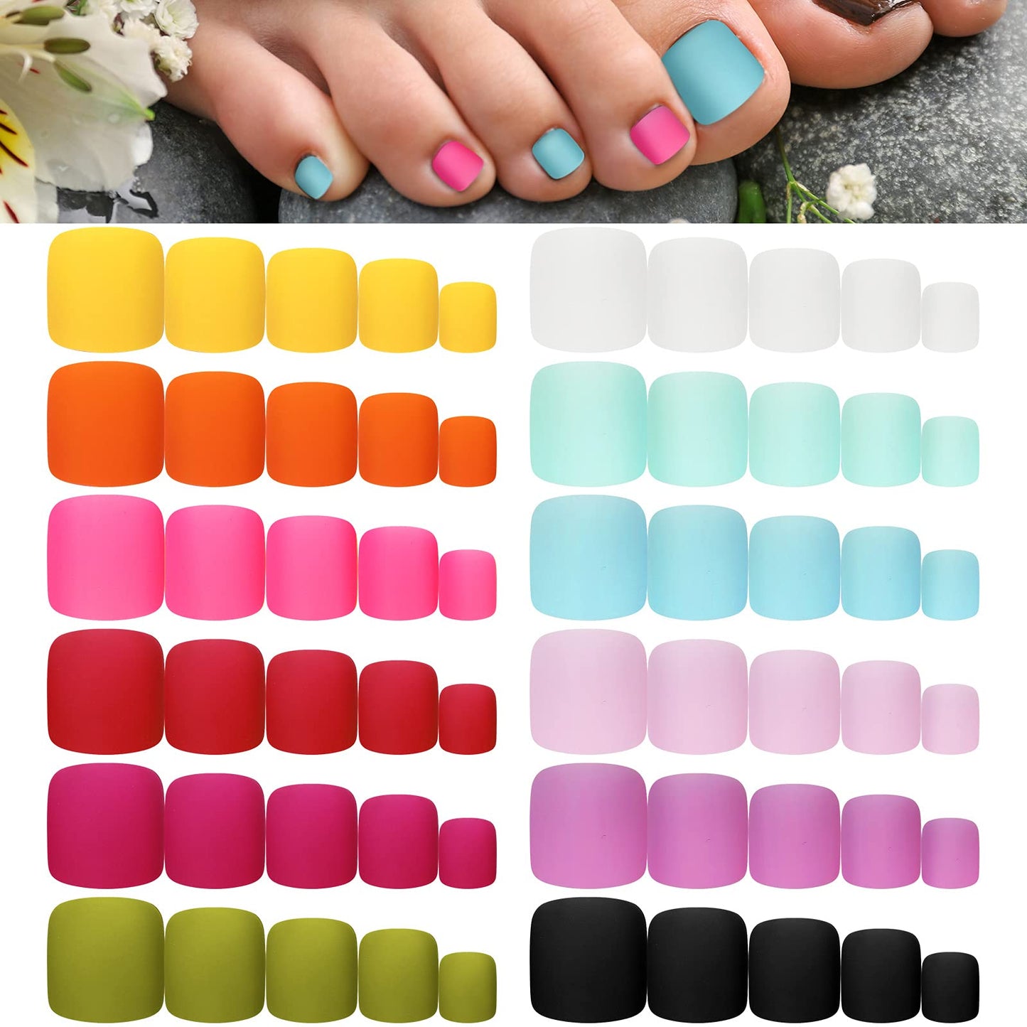 Maitys 336 Pieces 12 Sets Toenail Press on Fake Toe Nails Short Square False Glue on Solid Color Full Cover Press Nails Matte Fake Toenails for Women(Fresh Colors)