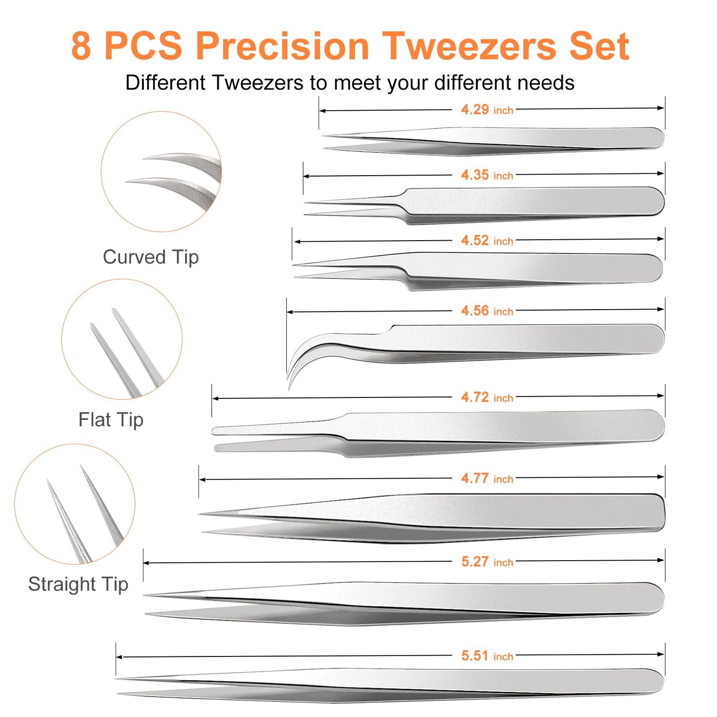 Precision Tweezers Set, 8PCS Stainless Steel Tweezers, soldering tweezers,for Craft, beauty care、Electronics, Soldering, Experimental Work, Jewelry-Making