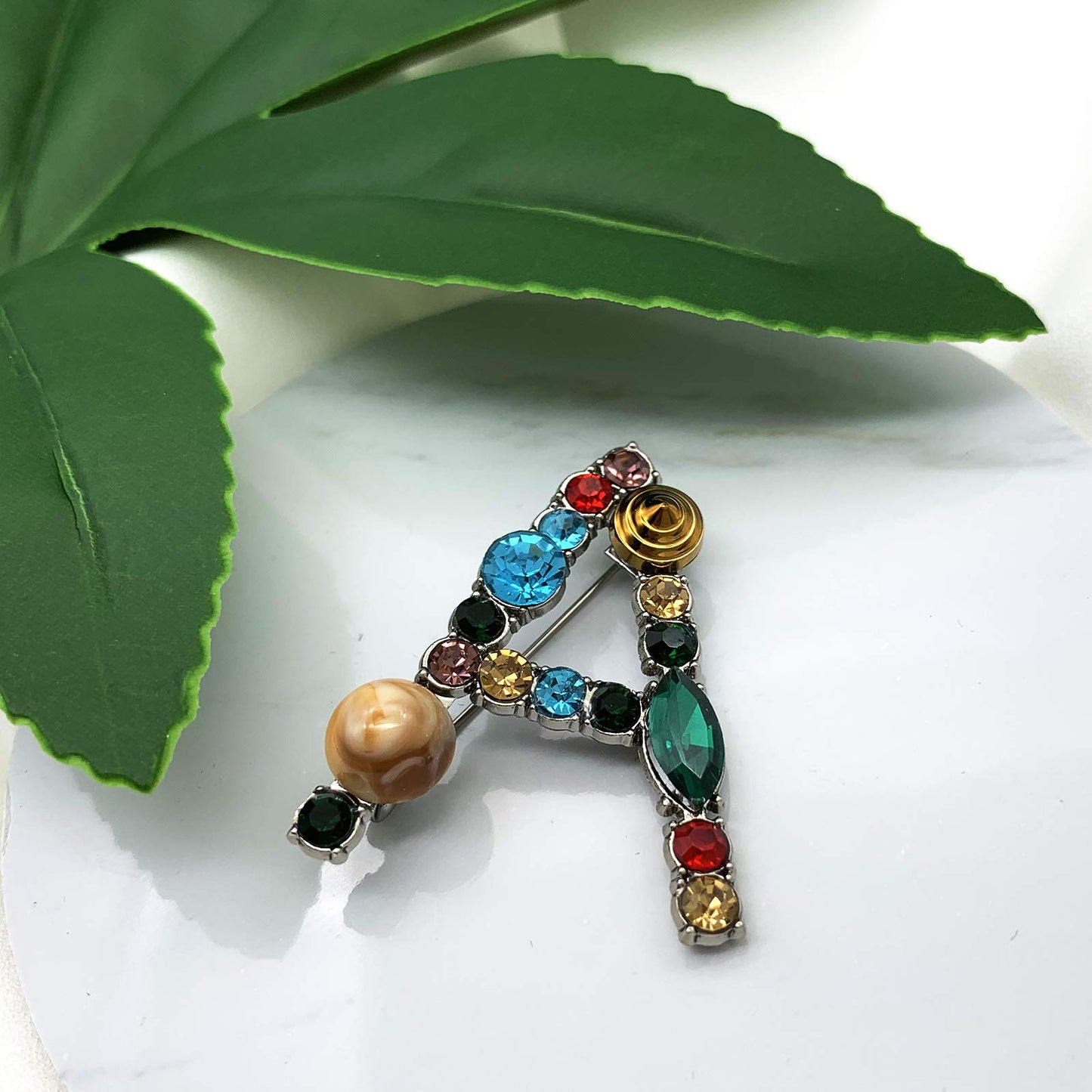 XGALBLA Letters A Plated Metal Stone Clear Colorful Crystal Lapel Pin Brooches Collar(Silver Tone)