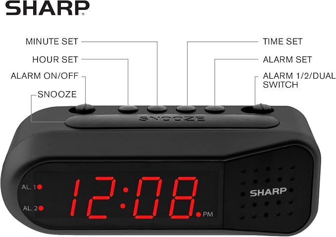Sharp Digital Alarm Clock for Heavy Sleepers, Dual Alarm, Red LED, Black