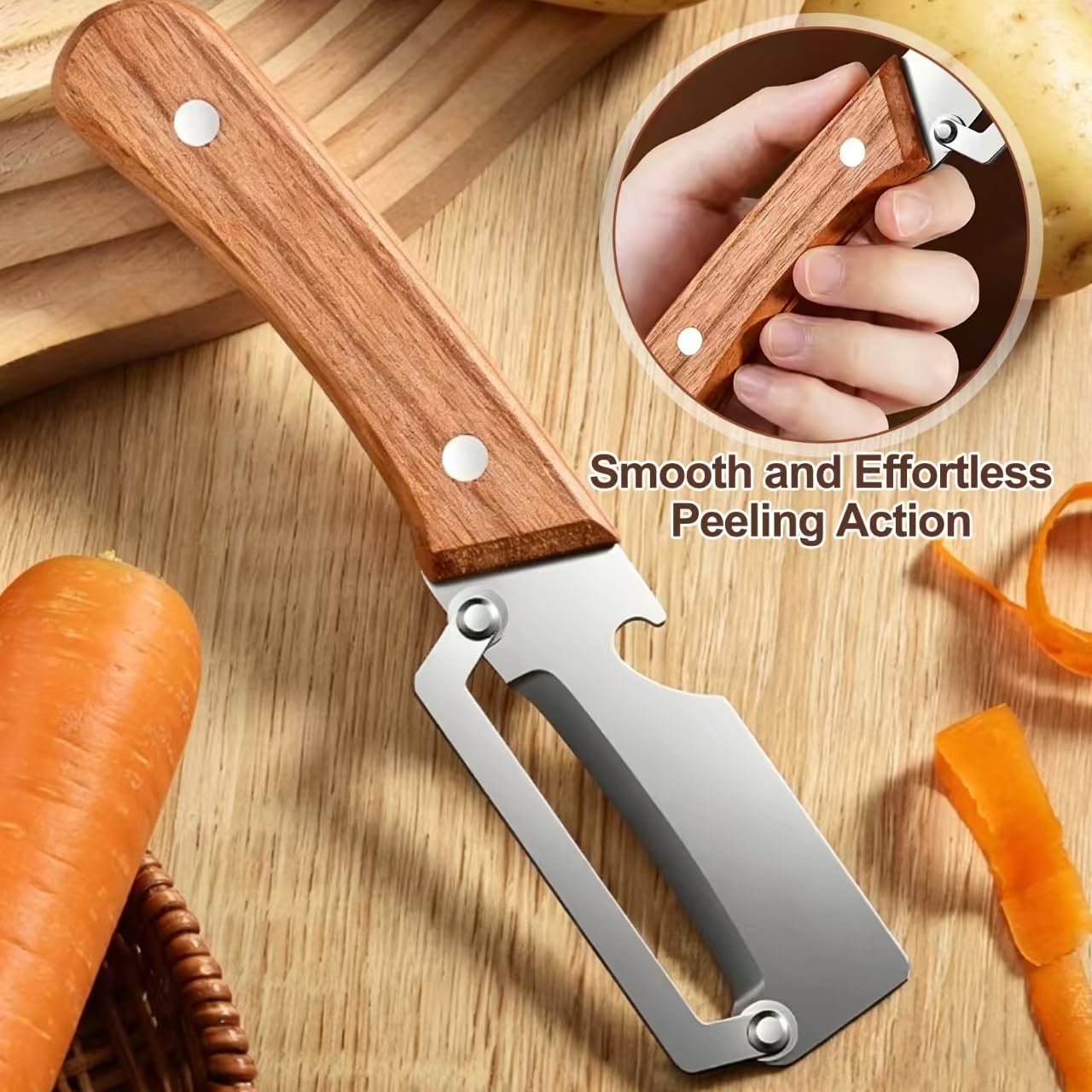 2pcs,Multi-Functional Vegetable Peeler for Kitchen, Ultra-Sharp Stainless Steel Blade with Wooden Handle & Bottle Opener, Ergonomic Fruit and Potato Peeler