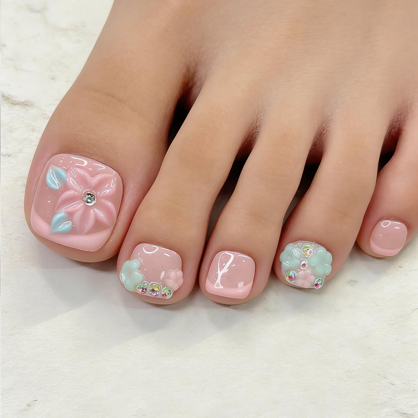 14 Pcs Handmade Luxury Press on Toenails with Handmade 3D Bling Rhinestones & Flower Designs Short Square Stick on Toe Nails Pink French Tip Fake Toe Nails for Women Manicure Decor (S)
