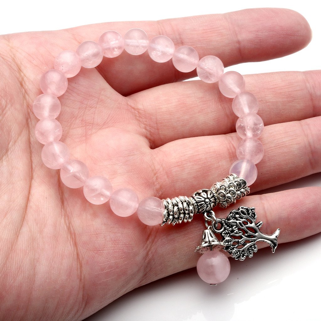 Jovivi 8MM Natural Rose Quartz Gemstone Beads Healing Crystal Stone Point Life Tree Lucky Charm Stretch Bracelet for Women Jewelry