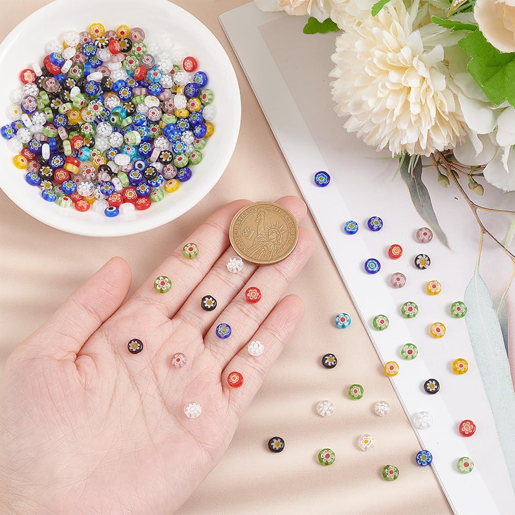 PH PandaHall 325Pcs/5 Strands Millefiori Lampwork Glass Beads 6mm Flat Round Flower Glass Beads Handmade Flower Millefiori Lampwork Bead Loose Spacer Bead for Jewelry Making DIY Crafts