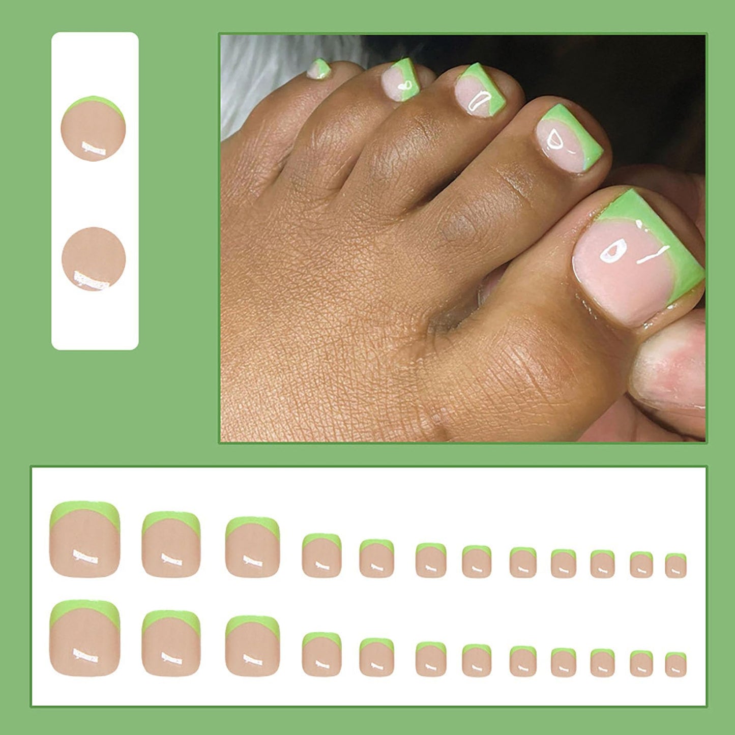 RUOKEXIN Short Press on Toenails Green French Tip Fake Toenails with Designs Square Toe Nail Press ons Sparkly Artificial Nails for Women 24Pcs