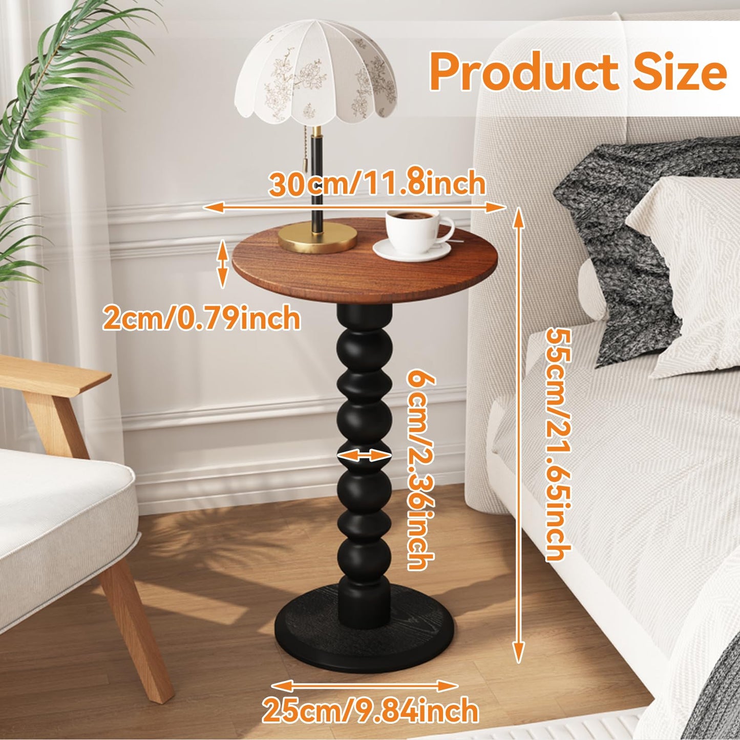 zaowofires Solid Wood Round Side Table, Small Drink Table,Cocktail Table, Wooden Pedestal End Table, Plant Stand for Living Room, Bedroom,Office and Corners (Walnut/Black, 11.8" W*21.65" H)
