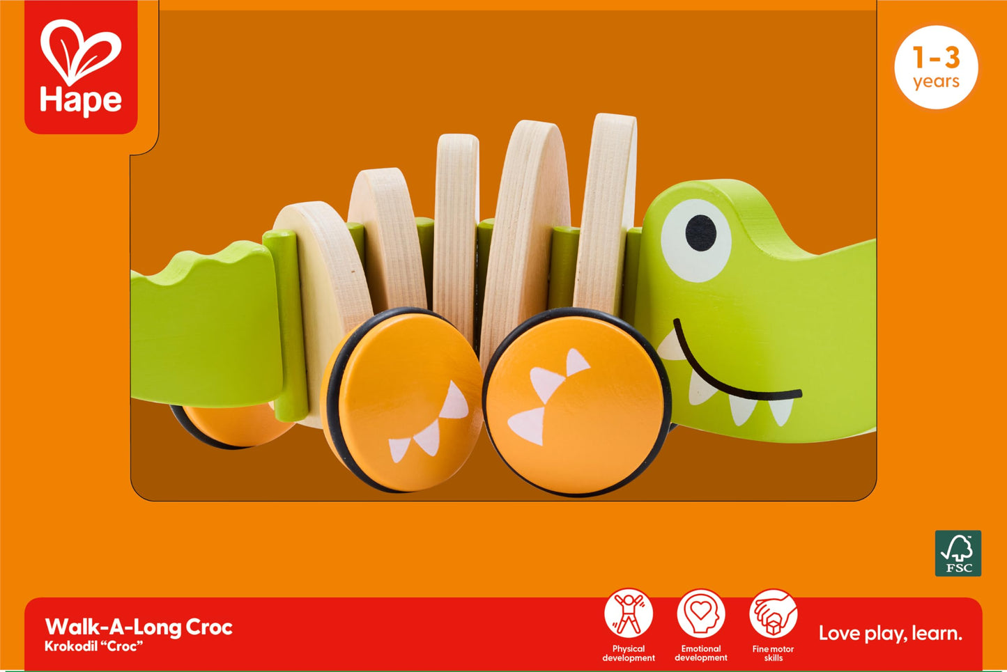 Hape Wooden Walk-A-Long Croc for Babies| Pull & Pull Walking Toy for Toddlers 12 Months and Up