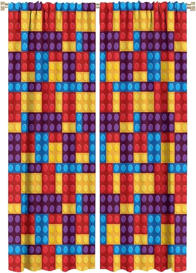 Building Block Colored Curtains, Children's Themed Curtains Collection Building Block Patchwork Cartoon Print Curtains, Light Trim 2 Panel Set Rod Pockets 42x63in