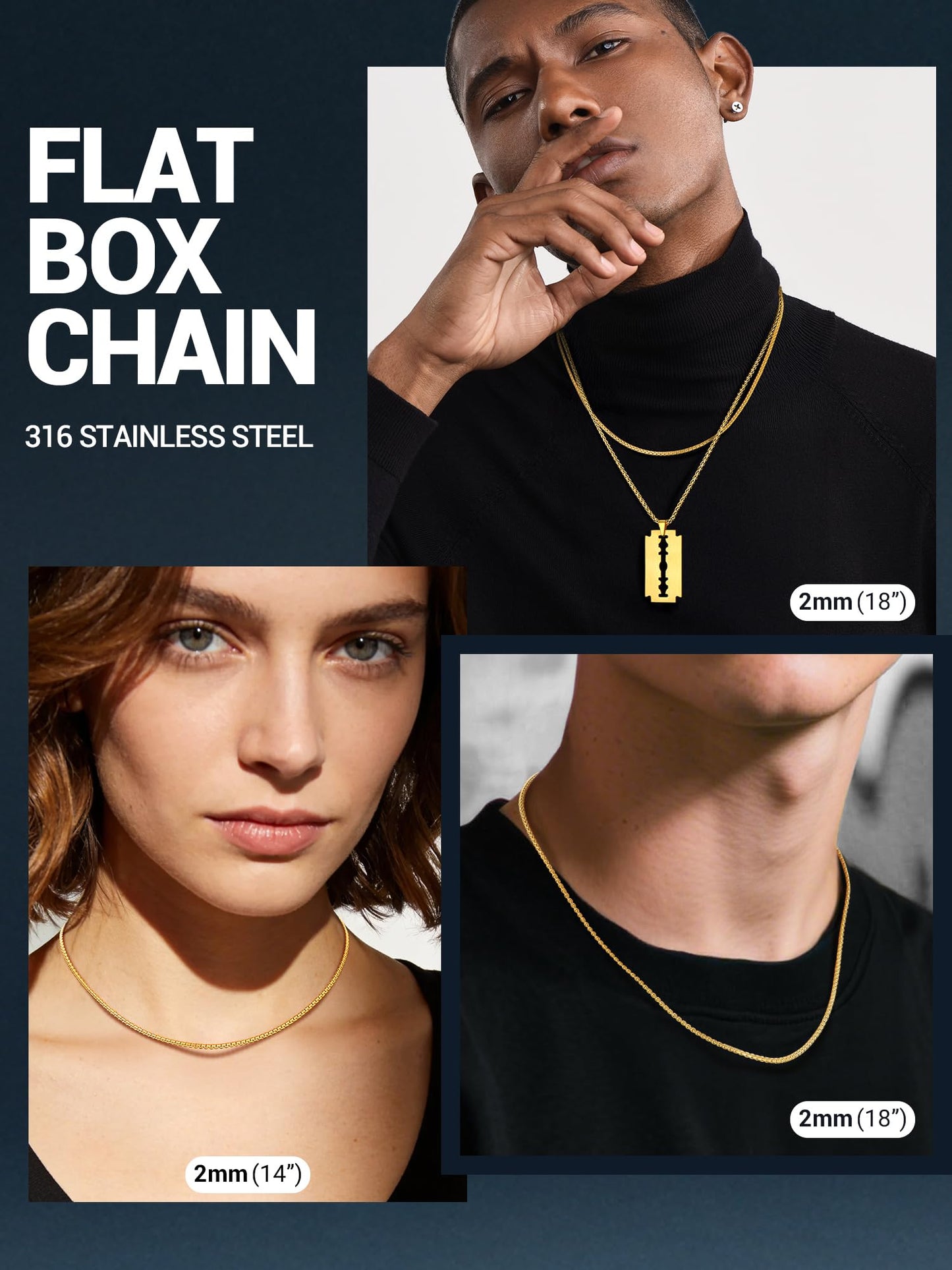 PROSTEEL 18K Plated Gold Necklace 2mm Men Chains Stainless Steel Male Jewelry 20inch