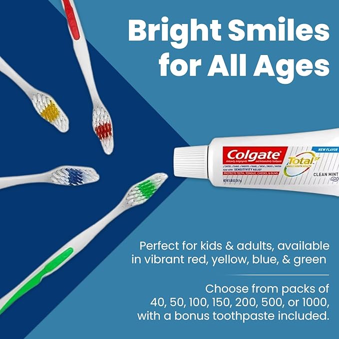 100 Toothbrushes Bulk Wholesale Quantity Standard Size, Dental Care Toiletries, Medium Soft Bristles, Individually Wrapped, Homeless Care, Disposable Use, Hotels, Travel