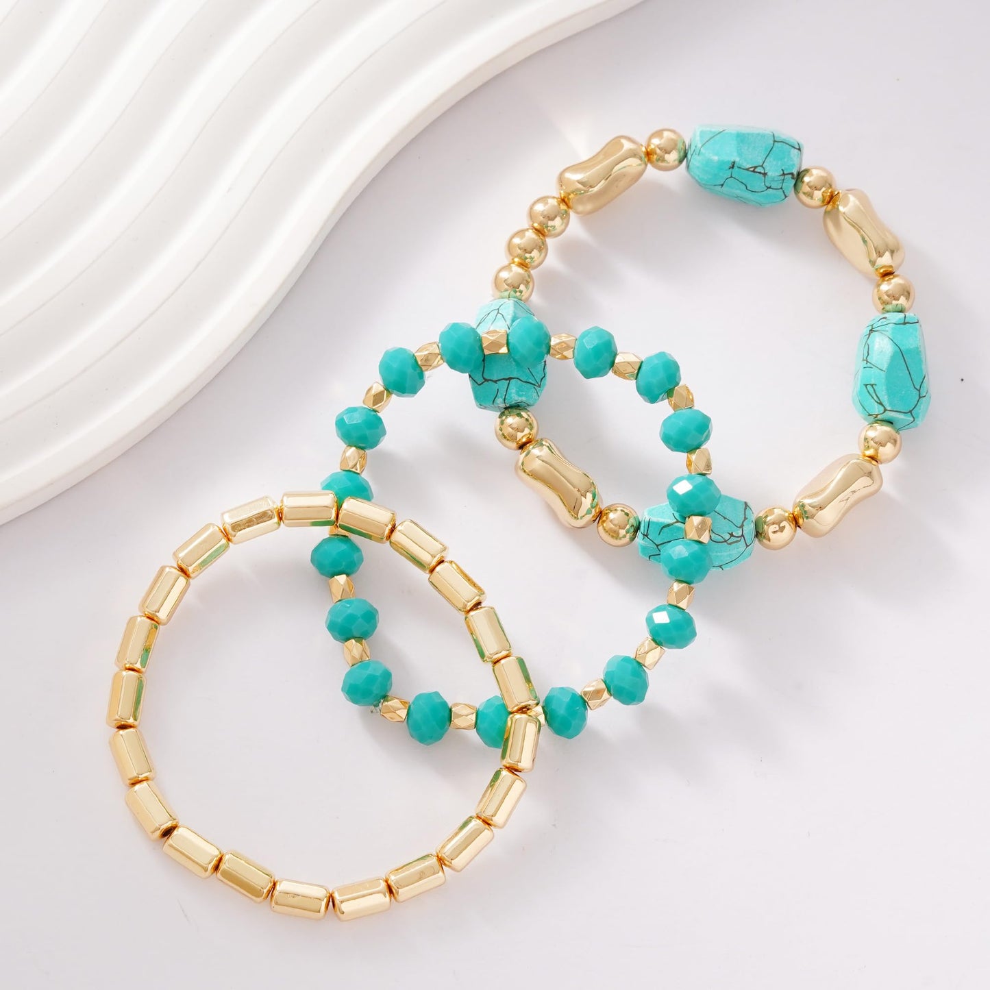 Aigrnc Boho Beaded Stretch Bracelets For Women Stackable Crystal Gold Plated Beaded Bracelets Set Trendy Handmade Friendship Braeclet Jewelry Gifts (L-Turquoise 3 pcs)