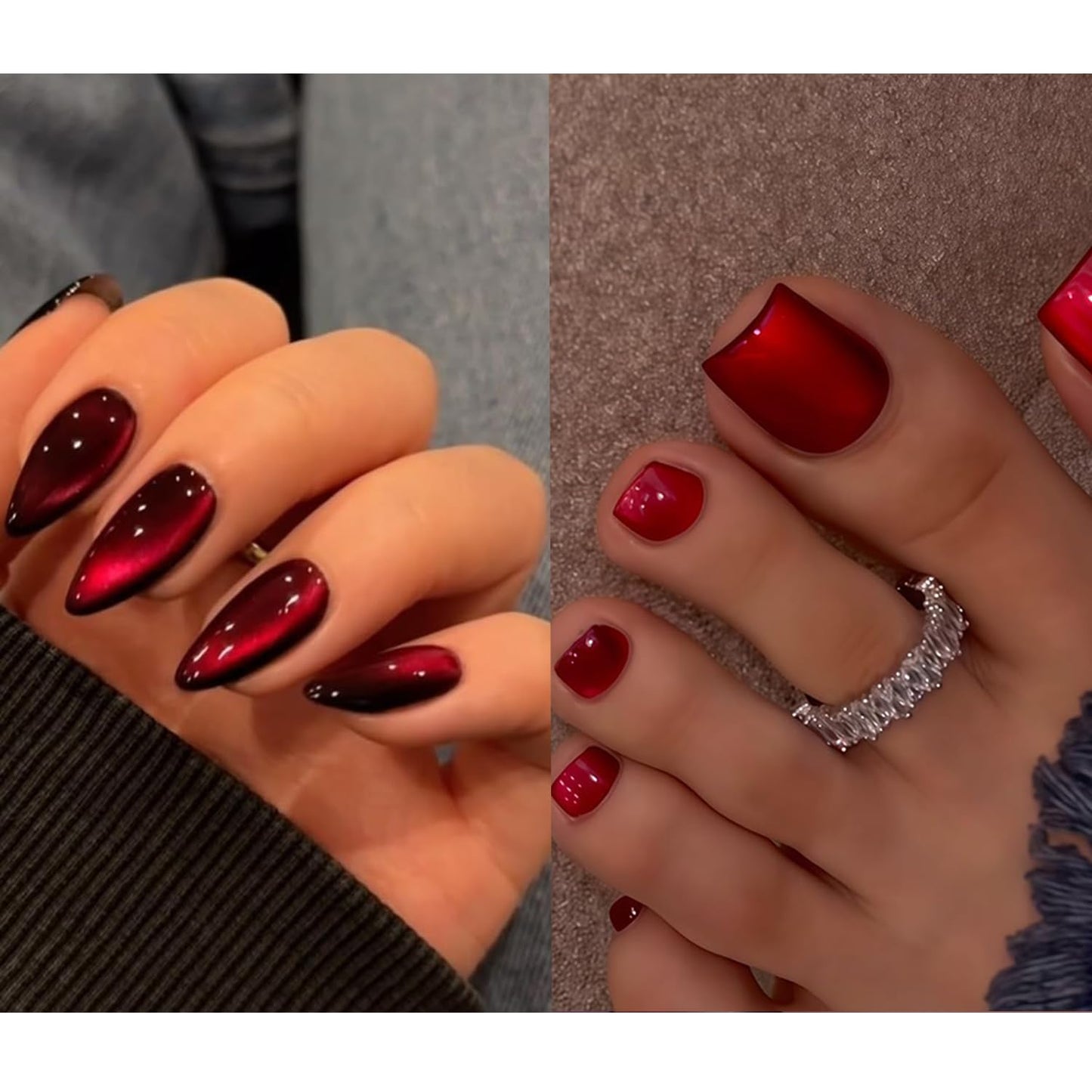 KQueenest Cat Eye Dark Red Press on Nails Medium Almond & Press on Toes Short Square For Beach Holiday Daily Decoration in 54 Pcs