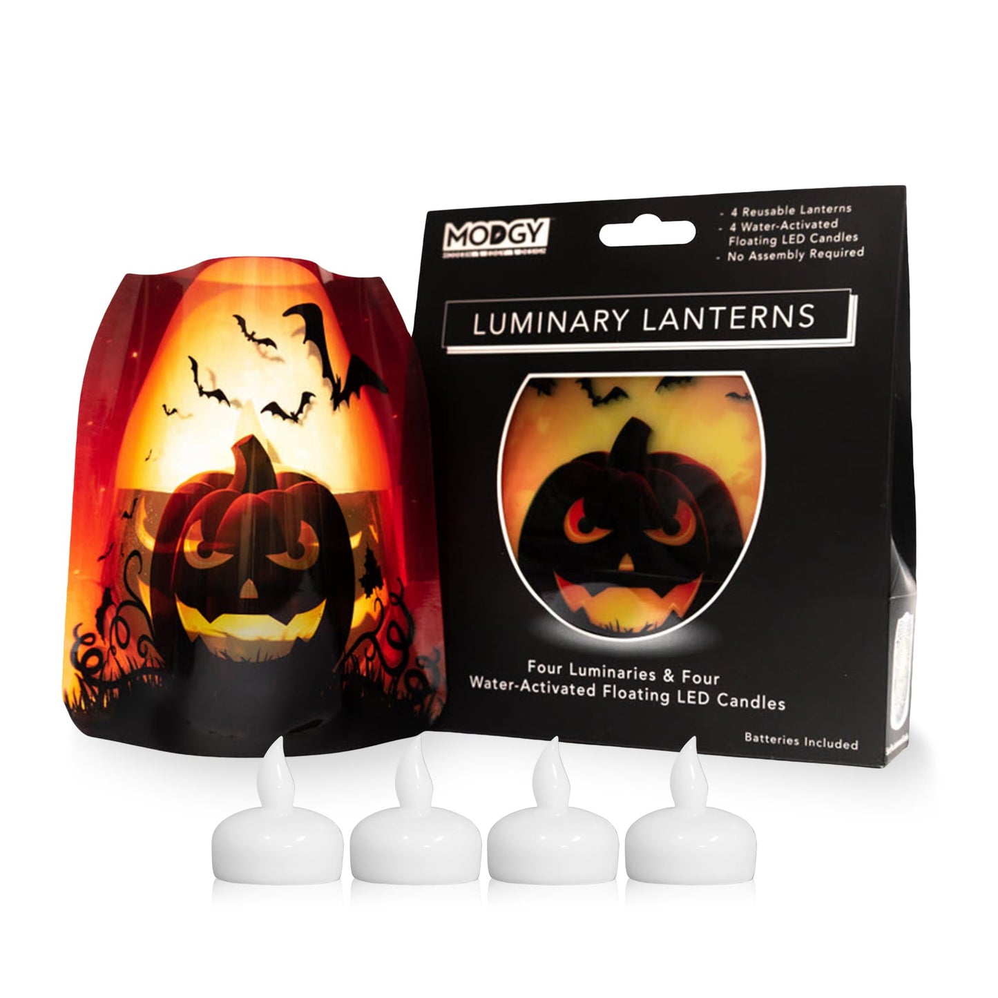 MODGY Luminary Lanterns, Halloween Candle Holders with Flameless Floating LED Candles, Indoor Outdoor Decor for Parties, Home, Windows, and Mantels, Table Centerpiece, 4-Pack, Jacko
