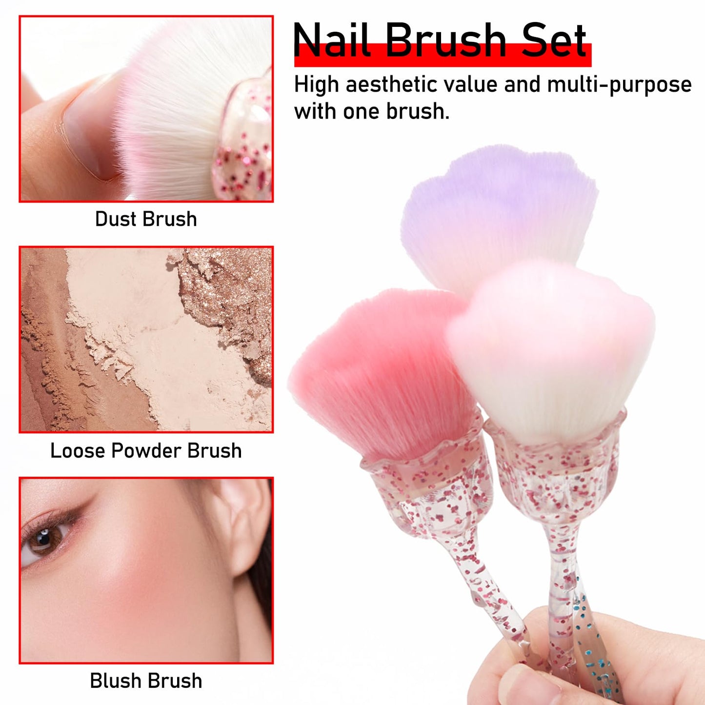 SILPECWEE 3pcs Dust Brush for Acrylic Nails Large Powder Brush Makeup Brush Nail Duster Brush Acrylic Nail Brush Cleaner Nail Art Brushes Manicure Brush for Cleaning Nail Art Tools