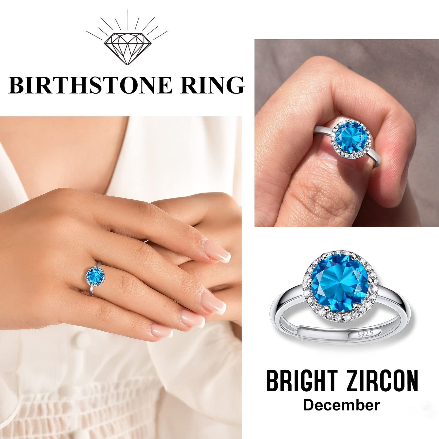 Bestyle CZ Round Diamond Rings 5mm December Blue Topaz Birthstone Solitaire Rings, 925 Sterling Silver Rings Jewelry Gift for Wedding Anniversary Birthday