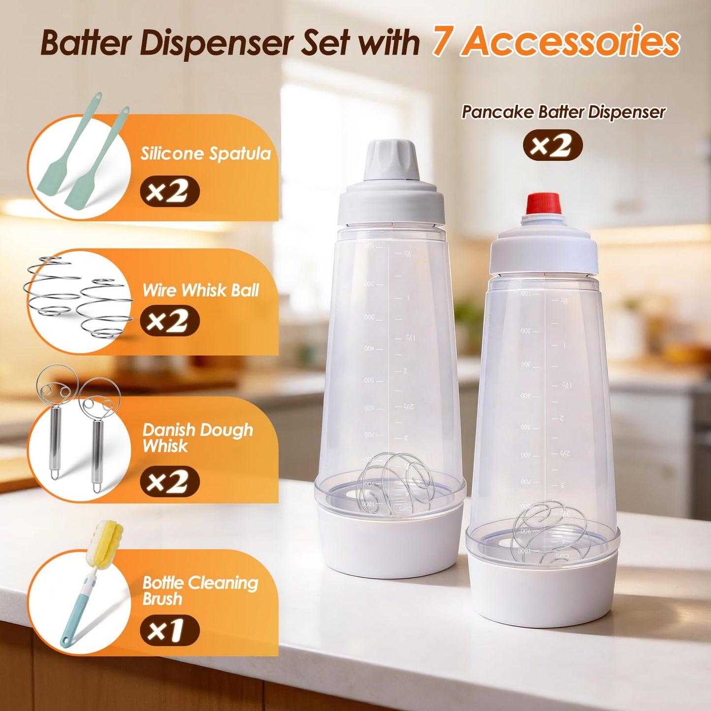 Pancake Batter Dispenser Bottle Kit with 7 Accessories, 1000ml Silicone Squeeze Pancake Mixer Bottle with Whisk Ball and Stand Base, Pancake Shaker Bottles for Cupcakes Muffins Waffle Crepes(2pack)