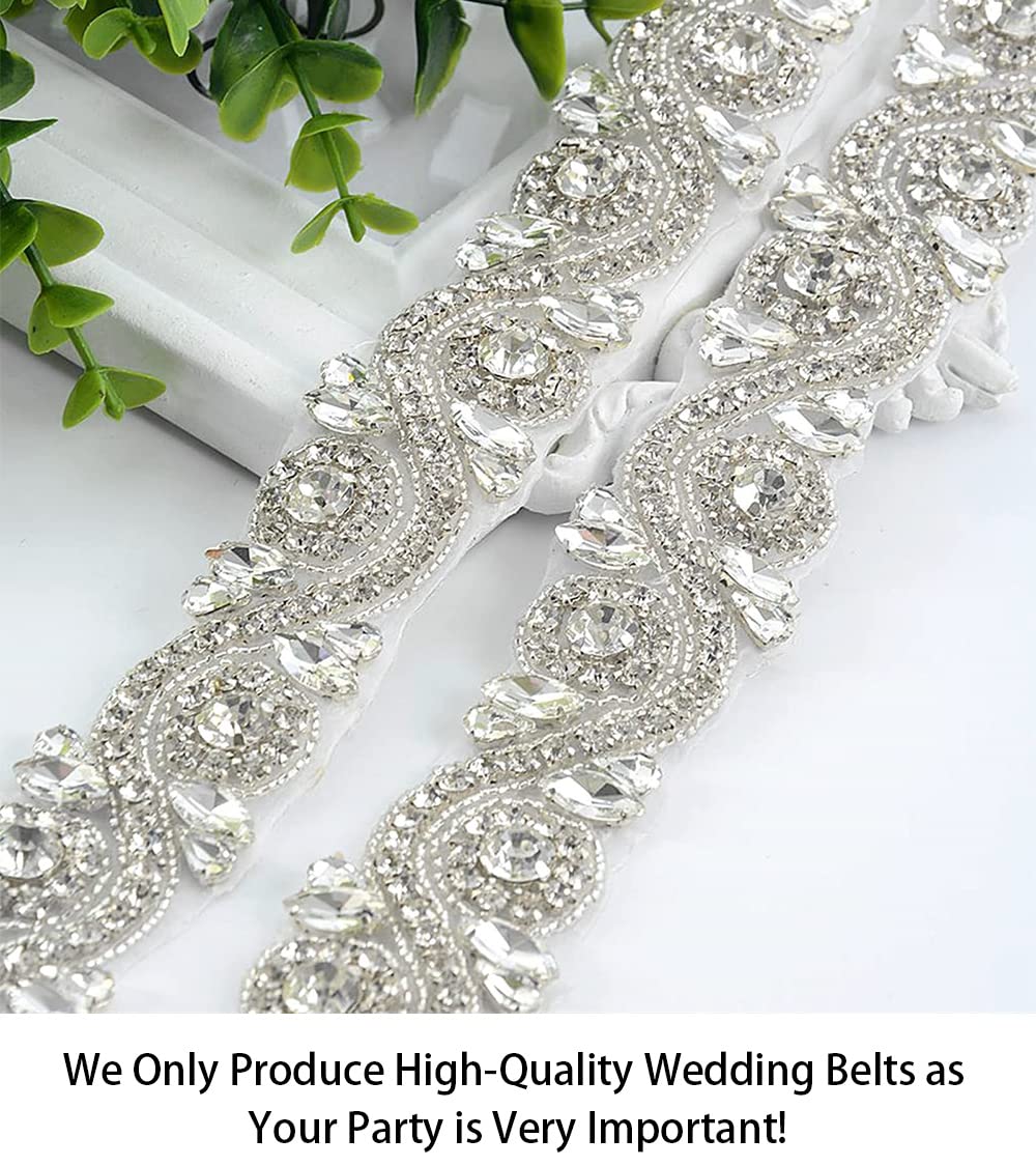 ShiDianYi Wedding Rhinestones Pearls Trim, 1 Yard Long Silver Rhinetones for Dress, Bridal Applique, Crystal Beaded Applique