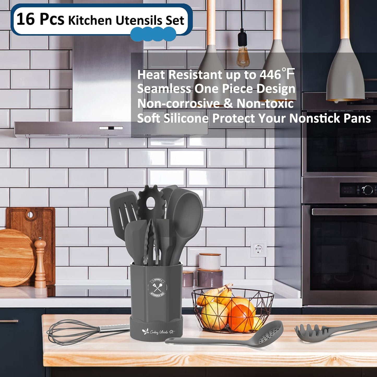 Silicone Kitchen Utensils Set, 16-Piece Silicone Cooking Utensils by Deedro, Heat Resistant Kitchen Tools Set with Holder, Nonstick Spatula Kitchen Gadgets for Cooking & Baking, Gray