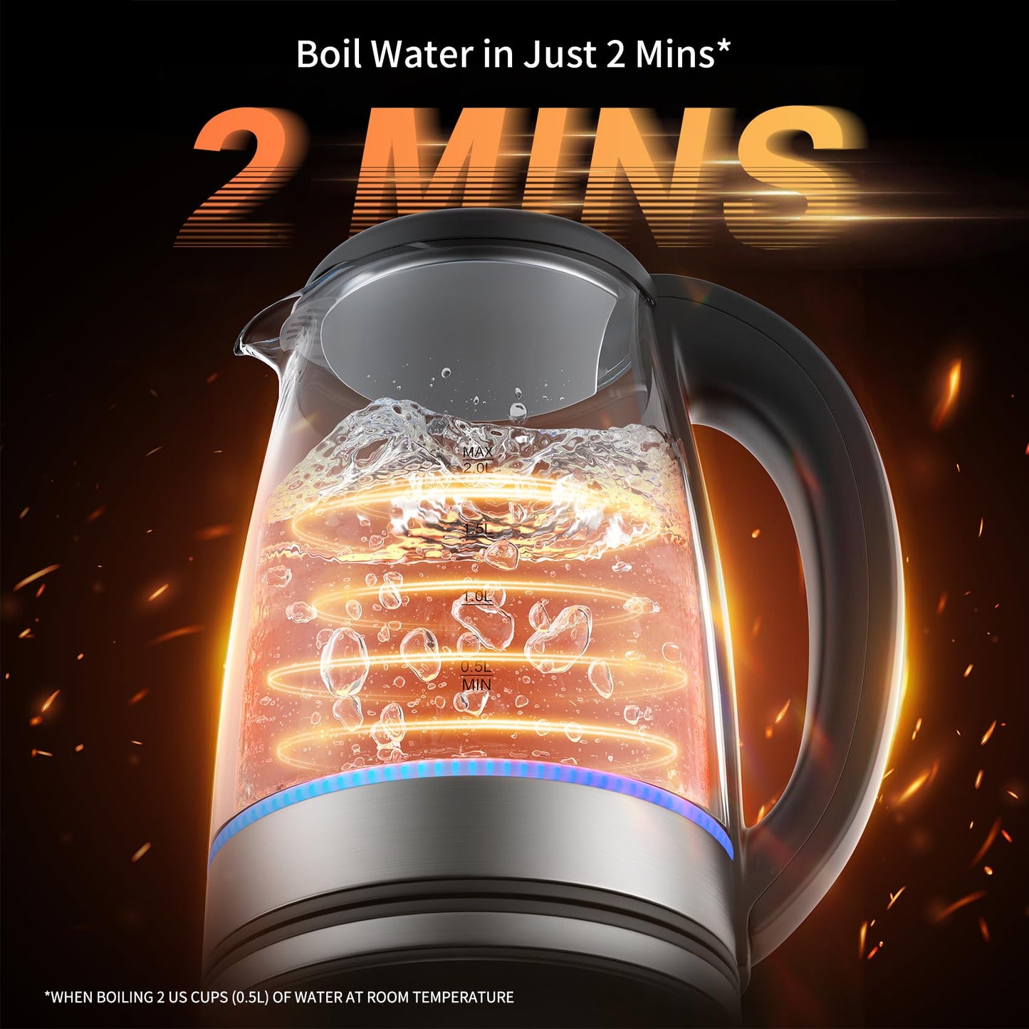 Electric Kettle Glass 2L, 1500W Fast Boiling Hot Water Boiler with Auto Shut-Off, LED Light, BPA-Free, Borosilicate Glass, Stainless Steel Interior, Wide Opening, Display Refrigerator with Door 04