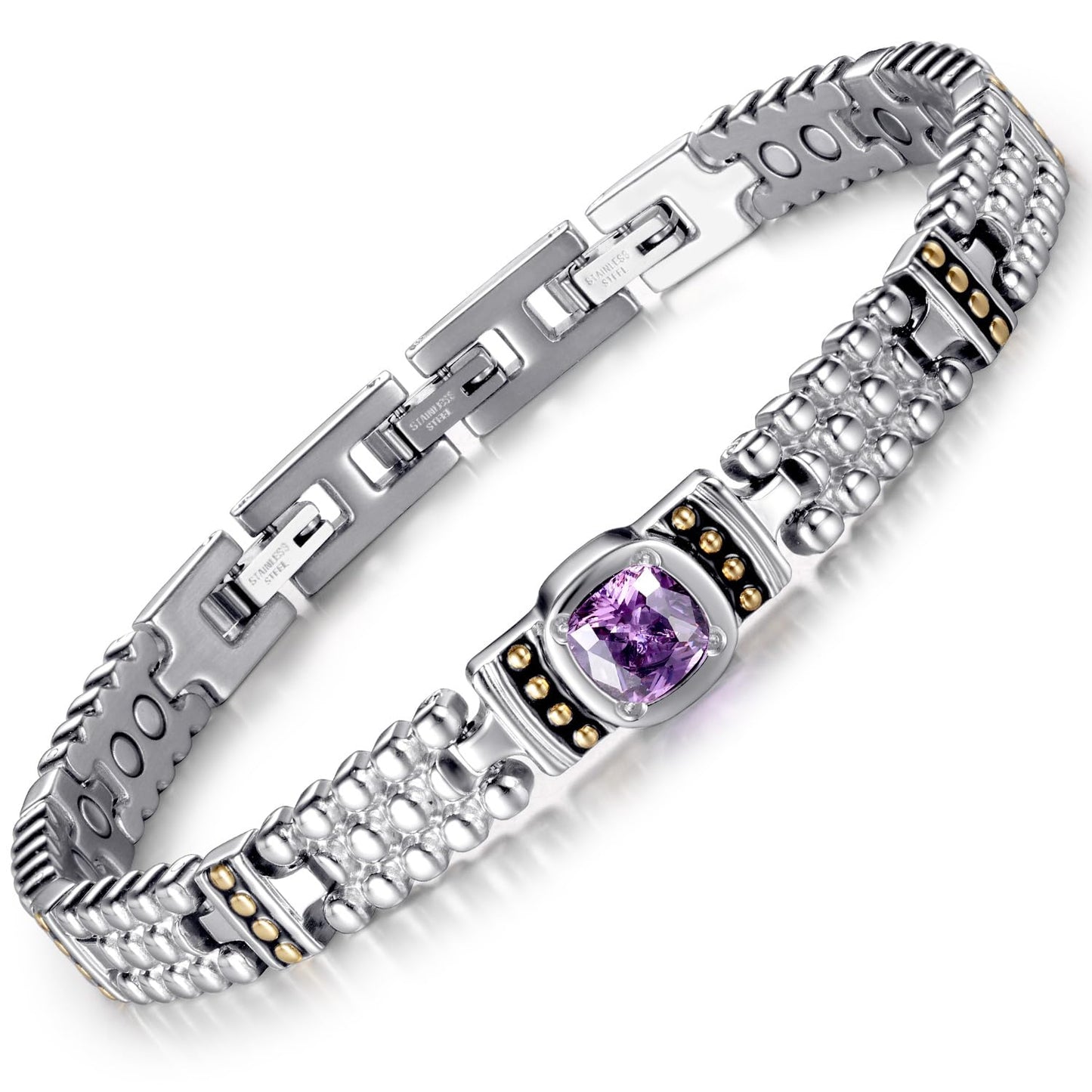 RainSo Women's Magnetic Bracelets Stainless Steel Purple Gemstone Crystal Inlaid Design Adjustable Sizing Tool with Display Box (Silver)