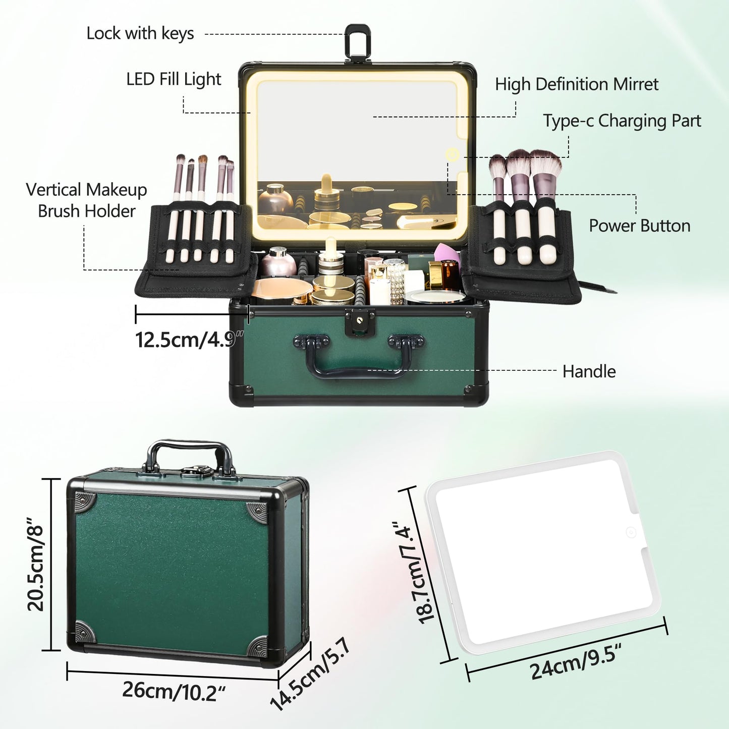 GALHUBIS Makeup Case with Lighted Mirror, Makeup Box Organizer with Detachable LED Mirror, Travel Makeup Train Case, Waterproof Cosmetic Organizer, Standing Makeup Brush Holder, Gift, Black Green