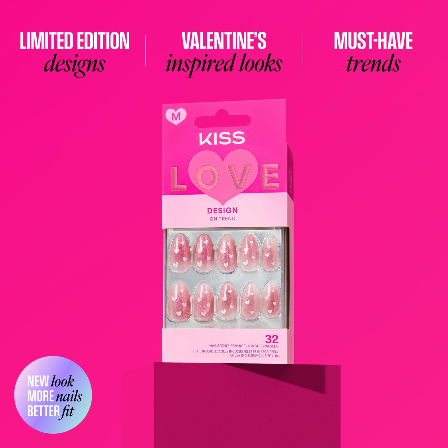 Kiss LOVE, Press On Nails, Nail glue included, 'My Forever Valentine', Pink, Medium Size, Almond Shape, Includes 32 Nails, 2g Glue, 1 Manicure Stick, 1 Mini File