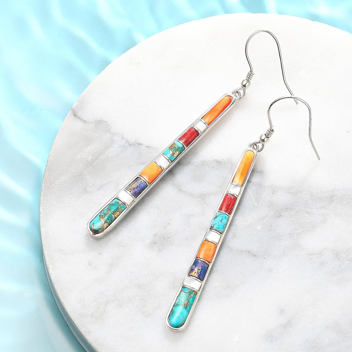Phyonio Turquoise Earrings for Women 925 Sterling Silver Multicolor Gemstones Dangle Earrings Bohemian Style Statement Bar Earrings Dangle Earrings for Women Summer Earrings Valentines Gifts