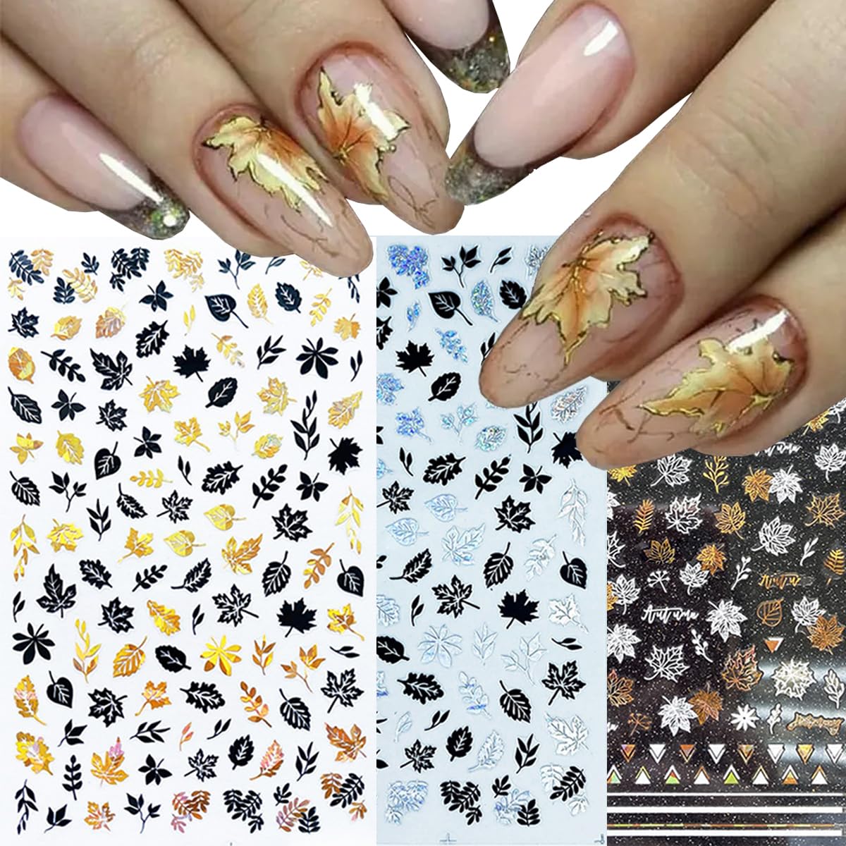 8Sheets Gold Maple Leaf Nail Stickers - 3D Fall Holographic Autumn Nail Art Sticker Maple Leaves Design Foils Laser Shiny DIY Thanksgiving Day Manicure Accessories