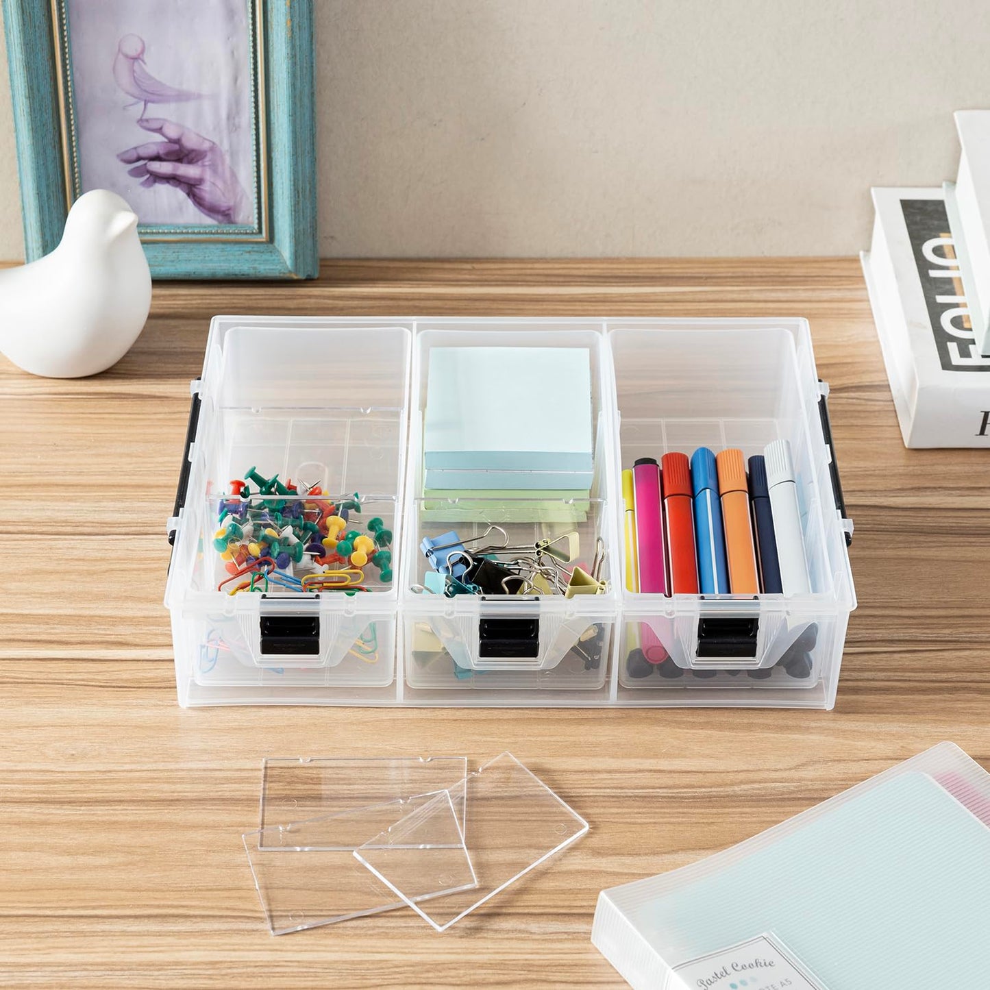 MyGift Single Add-on Tray for 11 Inch Clear Arts and Crafts Stackable Storage Box, Sewing Supplies Storage Organizer Case Accessory Optional Tray with Black Accents, 3 Drawers and Removable Dividers