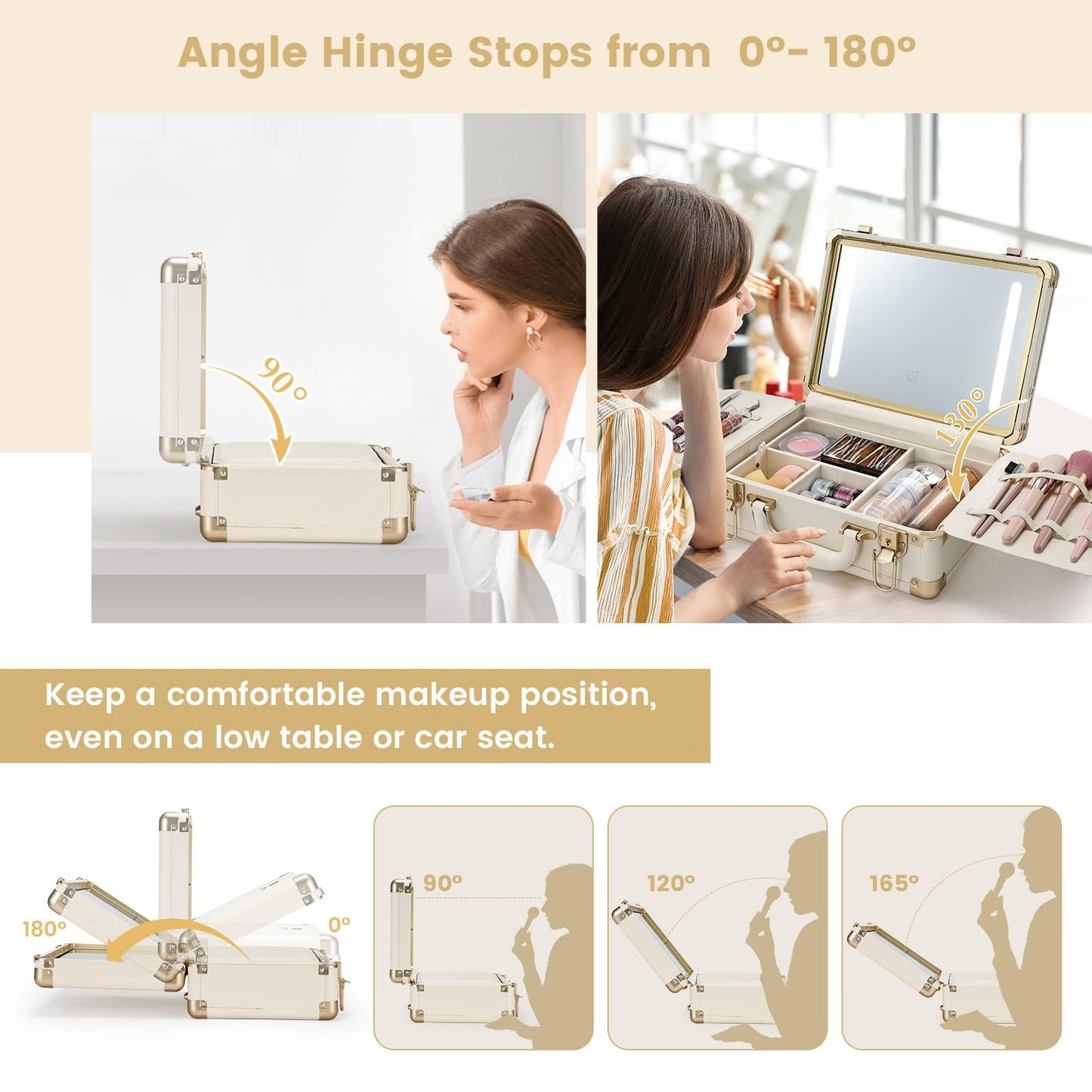 Faquenc Lighted Makeup Case with Detachable Tray, Beige Vegan Leather Makeup Box Rechargable 3-Color LED Mirror, Travel Train Case Makeup Bag Organizer with Champagne Alloy